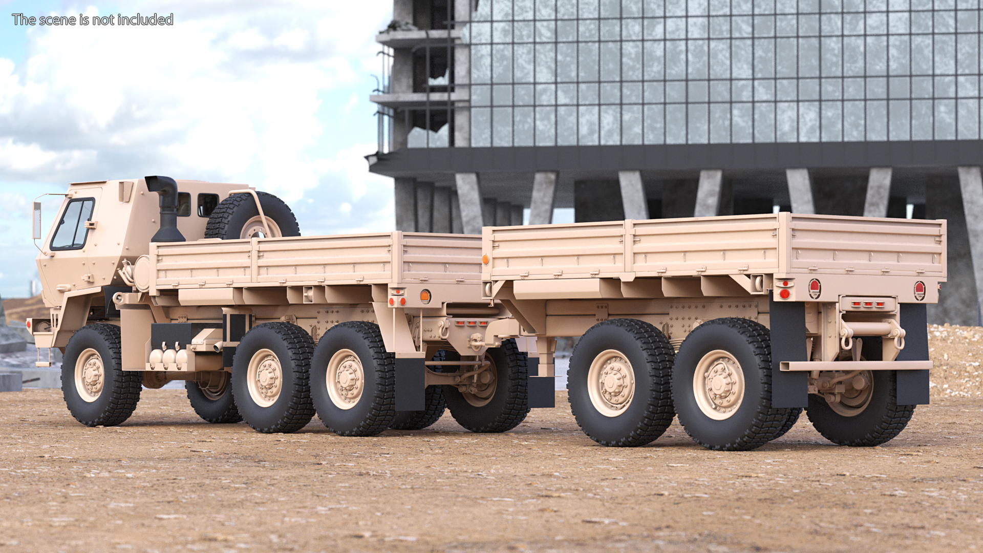 Oshkosh FMTV Cargo Truck 6x6 with Drop Side Trailer M1092 Sand 3D