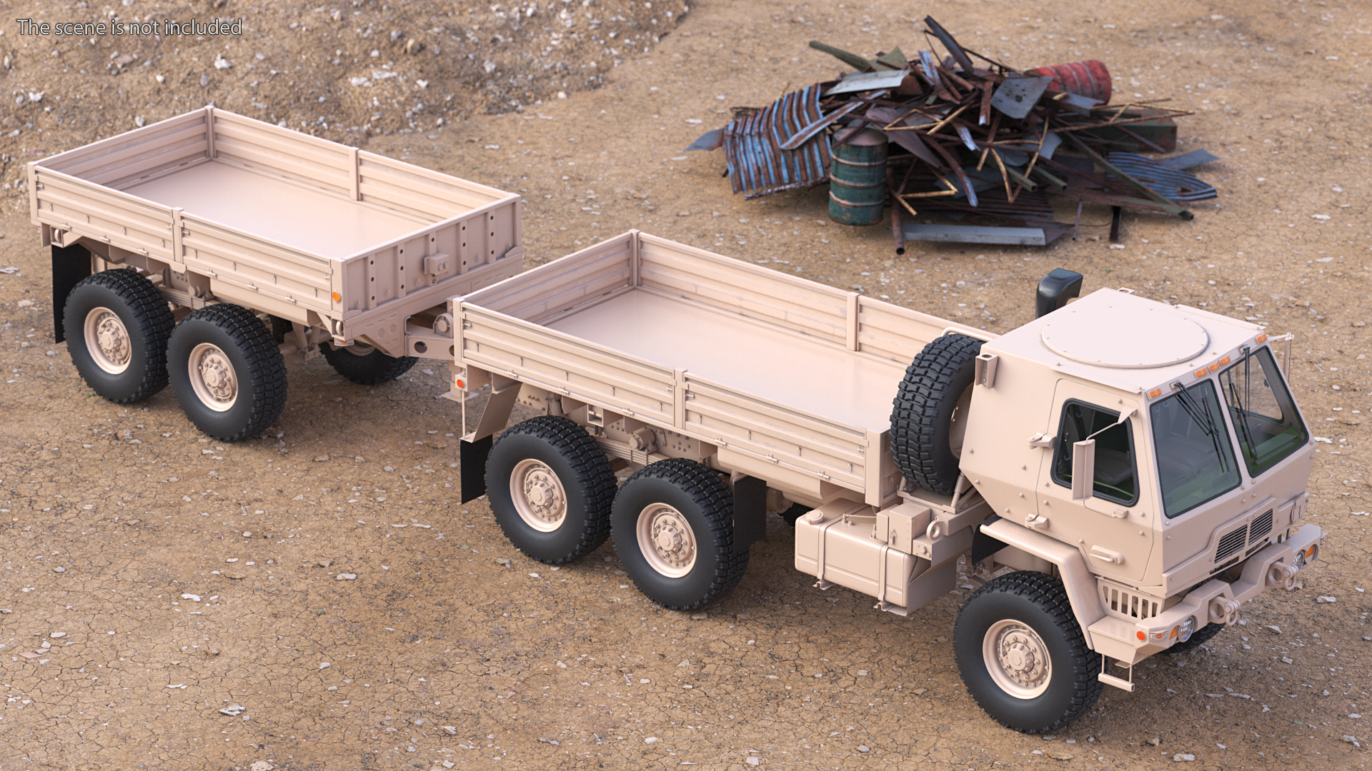 Oshkosh FMTV Cargo Truck 6x6 with Drop Side Trailer M1092 Sand 3D