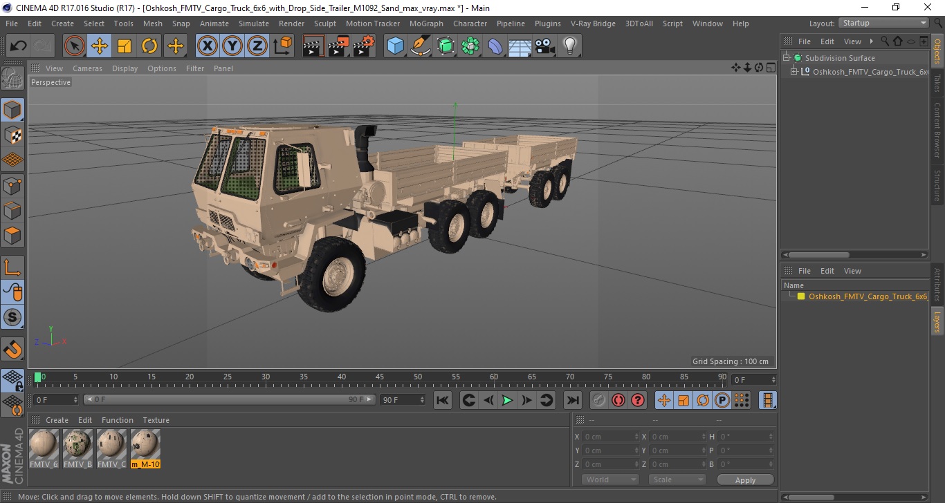 Oshkosh FMTV Cargo Truck 6x6 with Drop Side Trailer M1092 Sand 3D