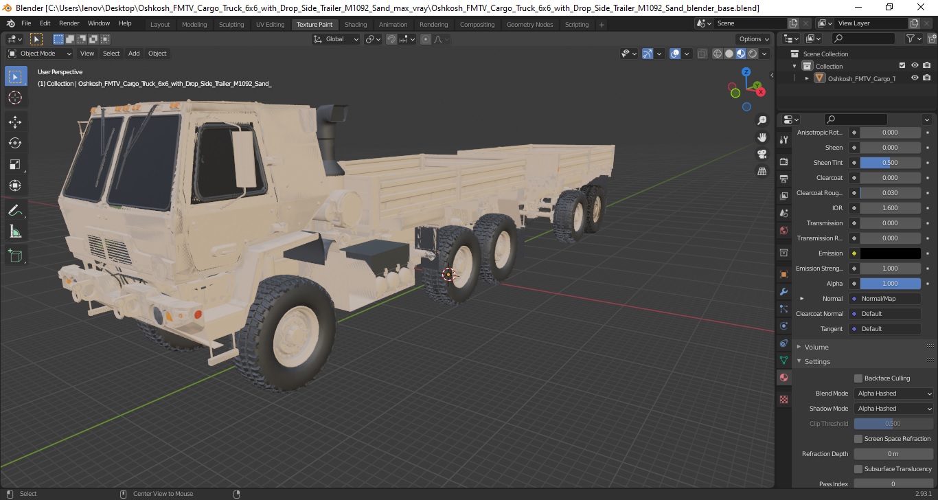 Oshkosh FMTV Cargo Truck 6x6 with Drop Side Trailer M1092 Sand 3D