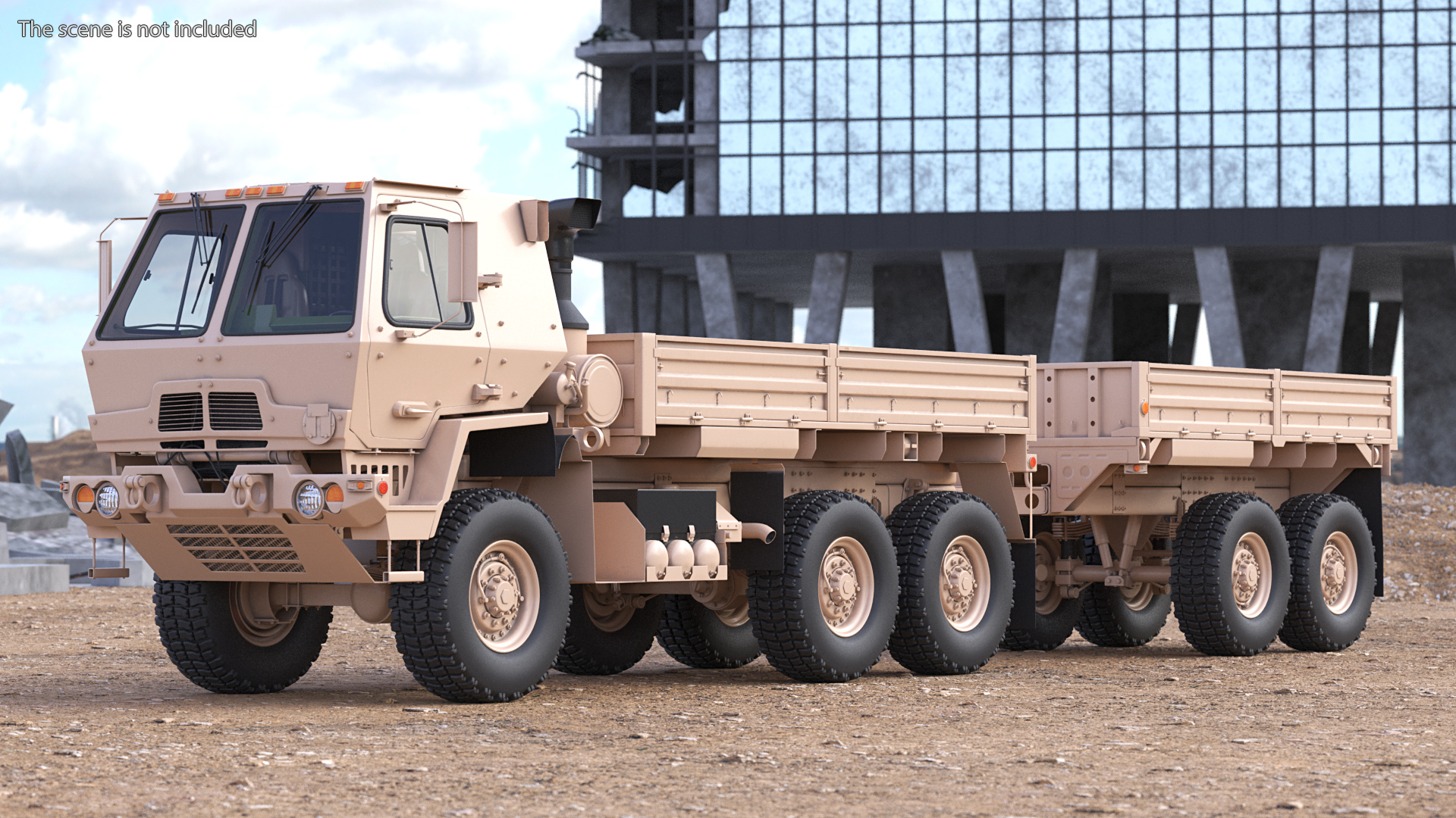 Oshkosh FMTV Cargo Truck 6x6 with Drop Side Trailer M1092 Sand 3D