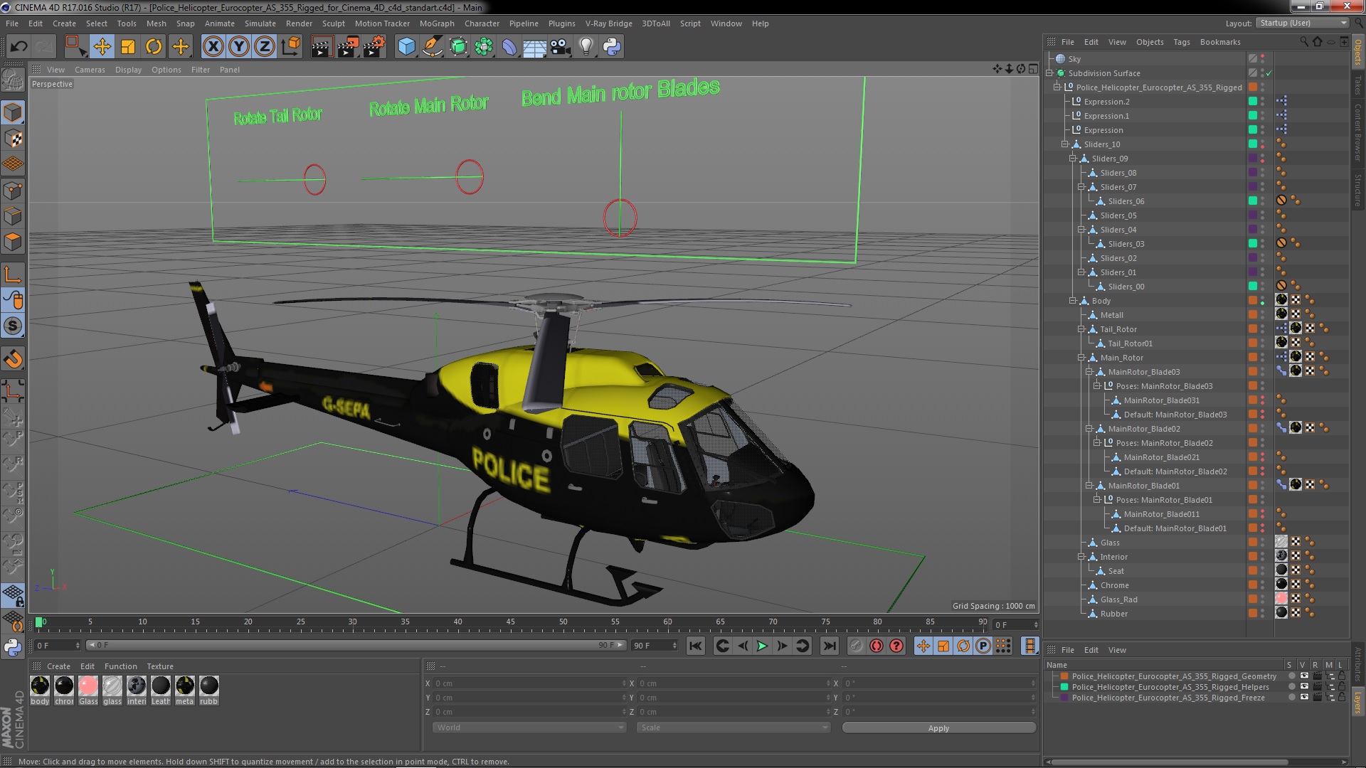 3D Police Helicopter Eurocopter AS 355 Rigged for Cinema 4D
