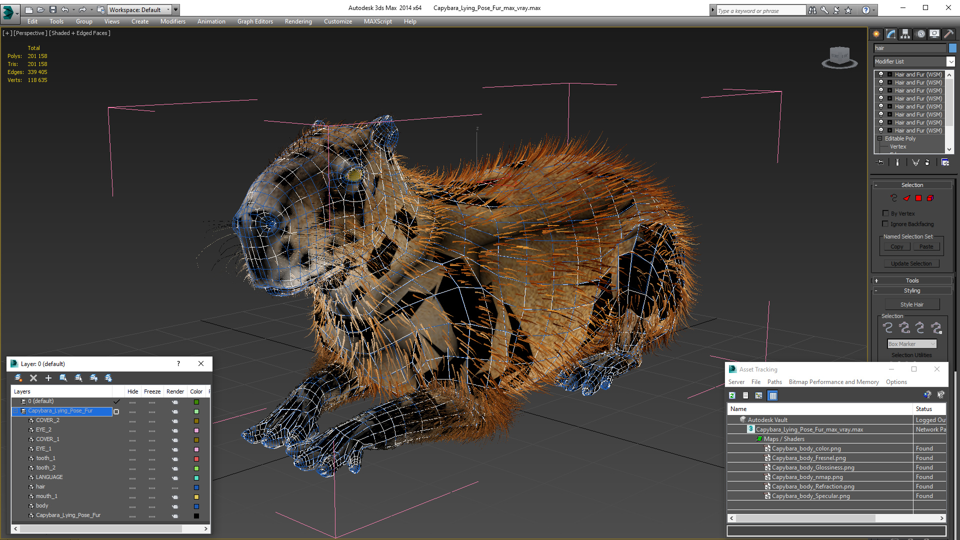 3D Capybara Lying Pose Fur model