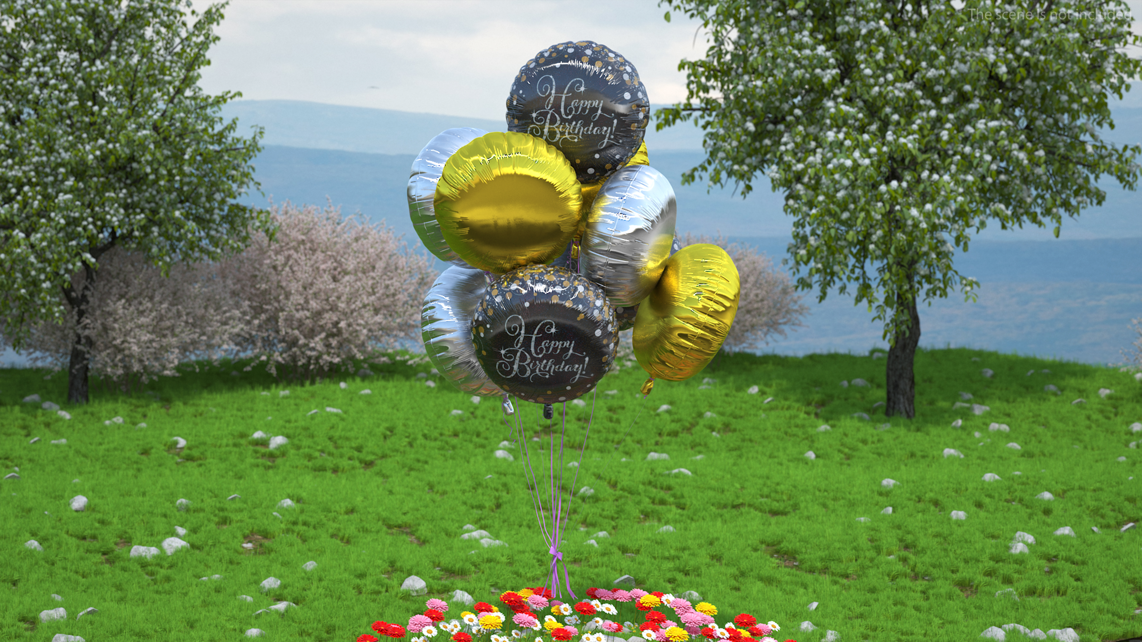 3D Helium Happy Birthday Balloons Multicolored model