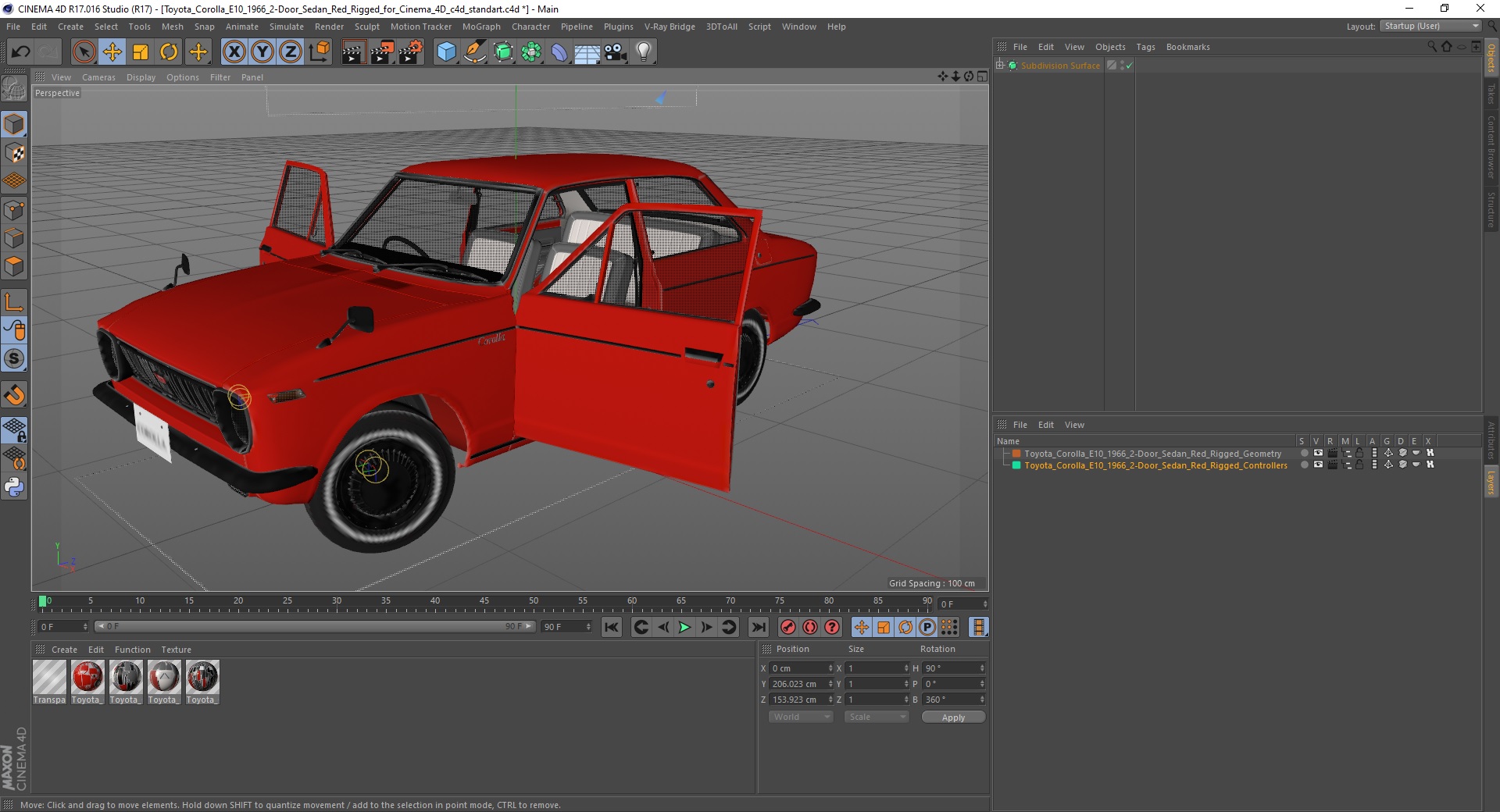 3D Toyota Corolla E10 1966 2-Door Sedan Red Rigged for Cinema 4D
