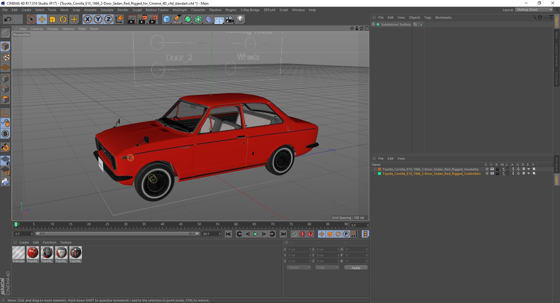 3D Toyota Corolla E10 1966 2-Door Sedan Red Rigged for Cinema 4D