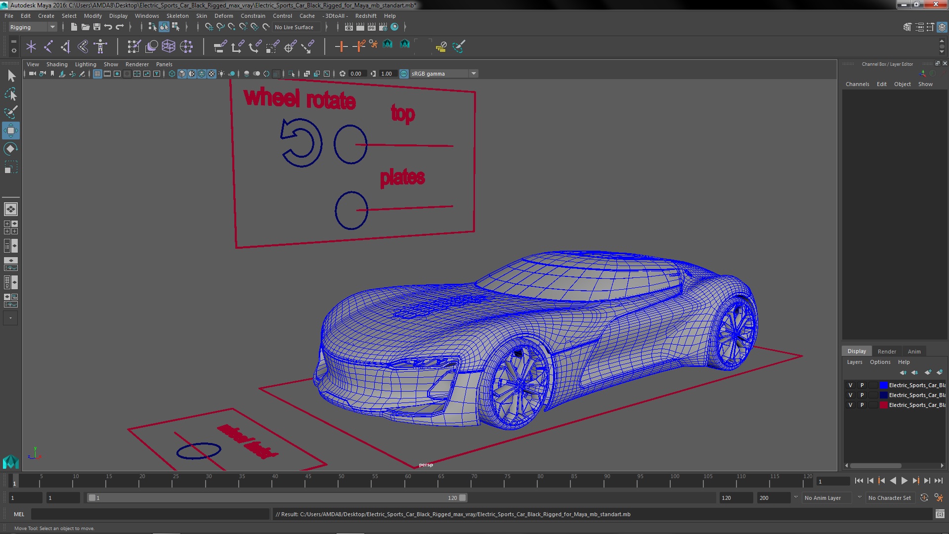 3D Electric Sports Car Black Rigged for Maya