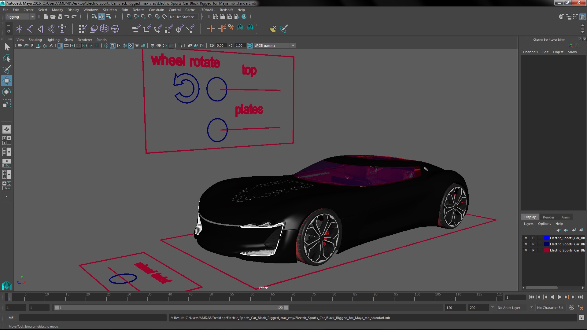 3D Electric Sports Car Black Rigged for Maya