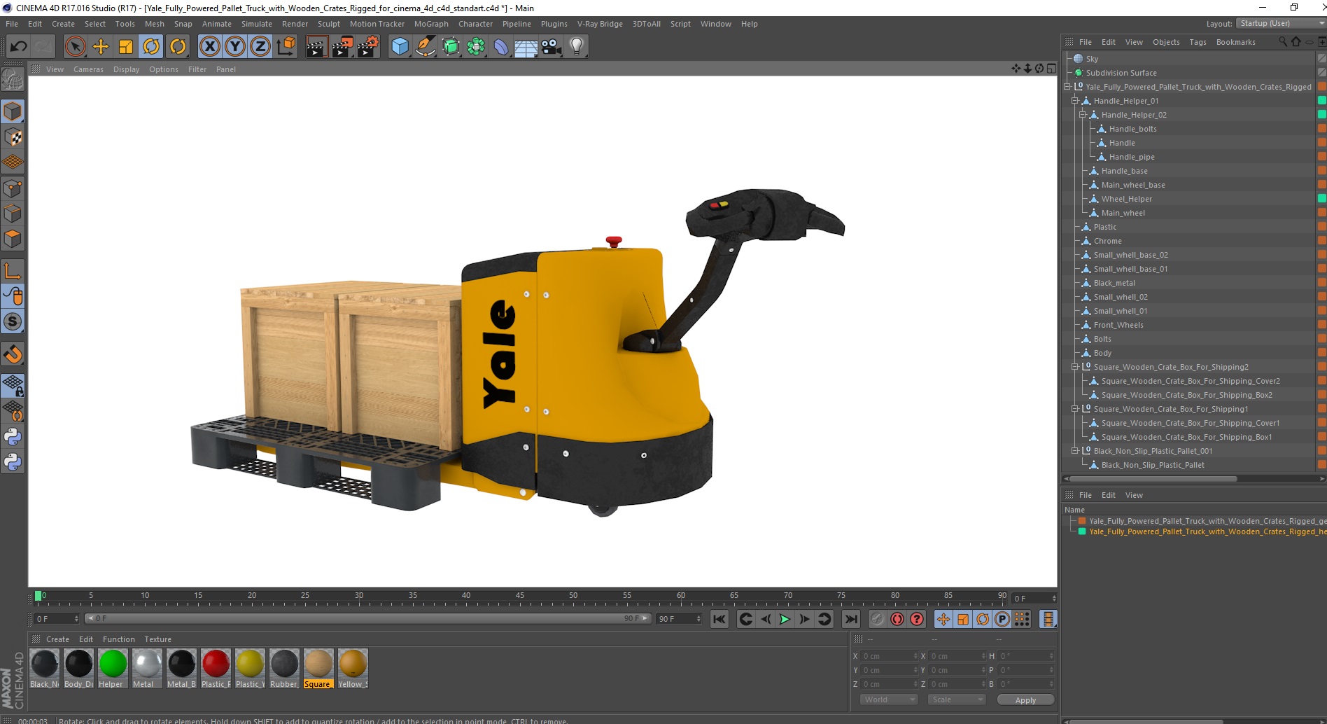 3D Yale Fully Powered Pallet Truck with Wooden Crates Rigged for Cinema 4D