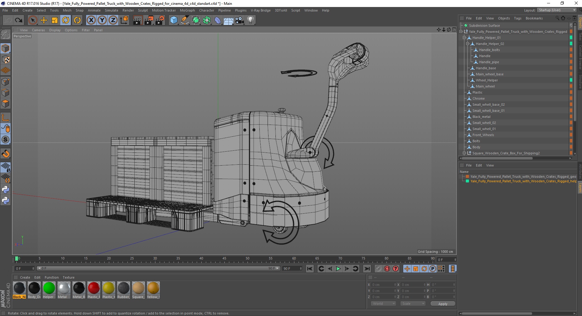 3D Yale Fully Powered Pallet Truck with Wooden Crates Rigged for Cinema 4D