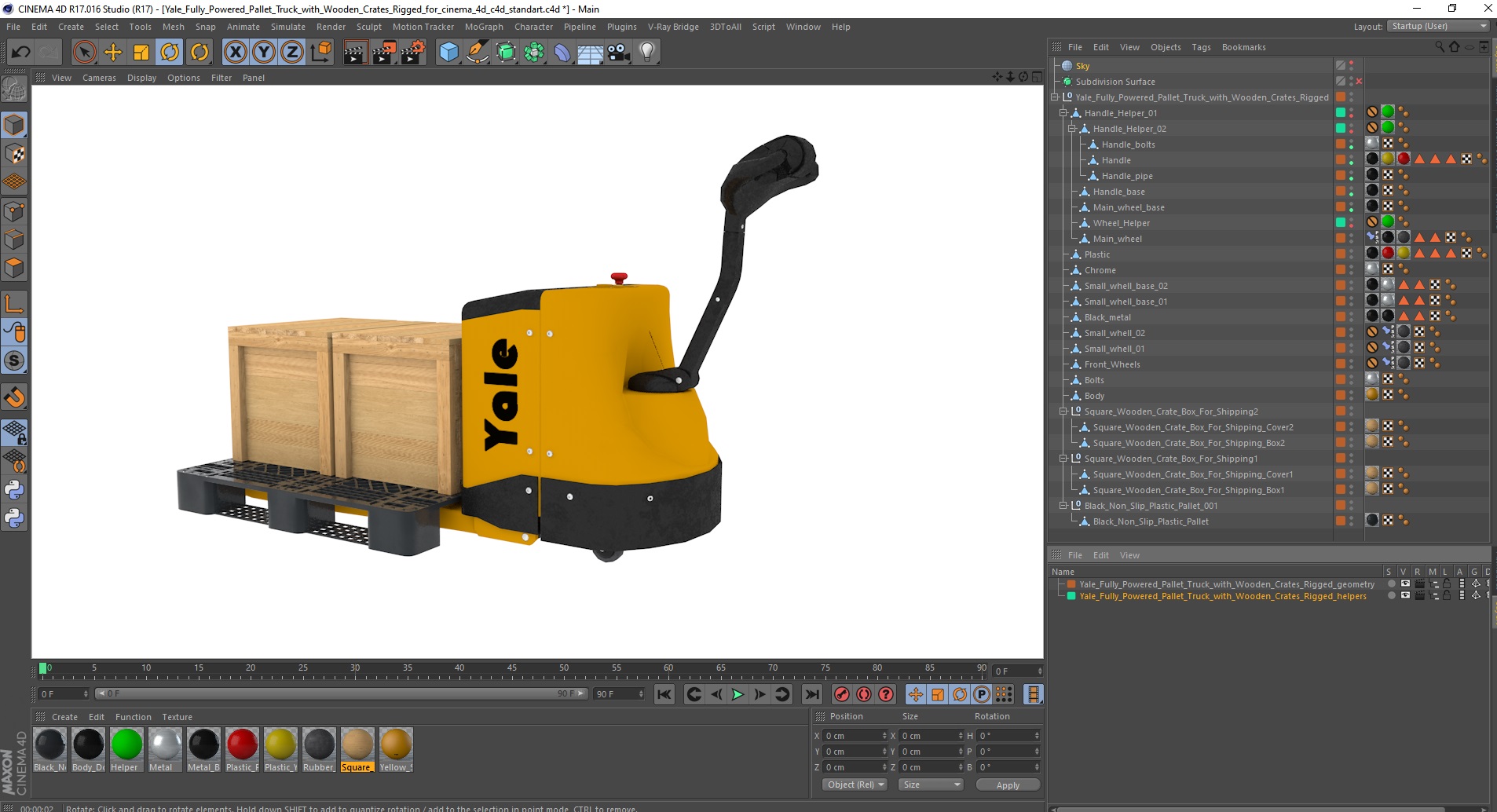3D Yale Fully Powered Pallet Truck with Wooden Crates Rigged for Cinema 4D