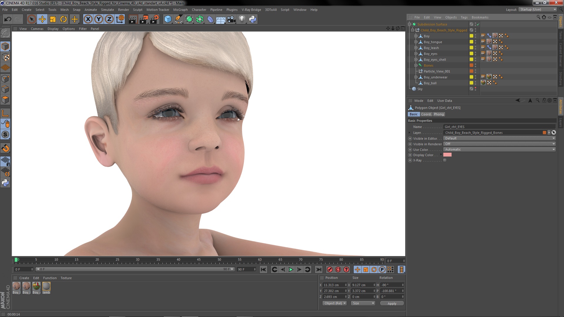 Child Boy Beach Style Rigged for Cinema 4D 3D