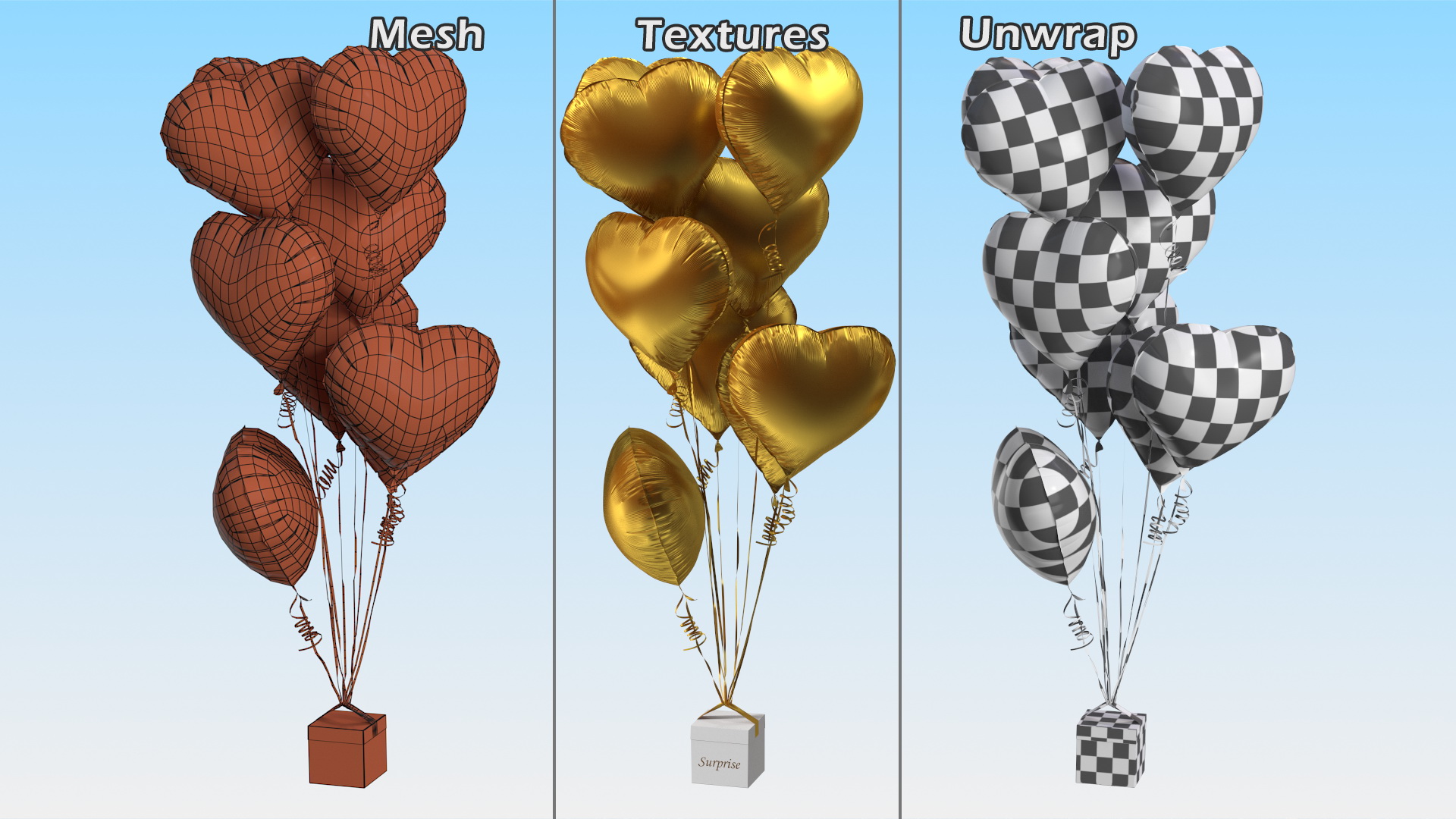 Heart Shaped Matte Gold Balloons Tied to Gift Box 3D model