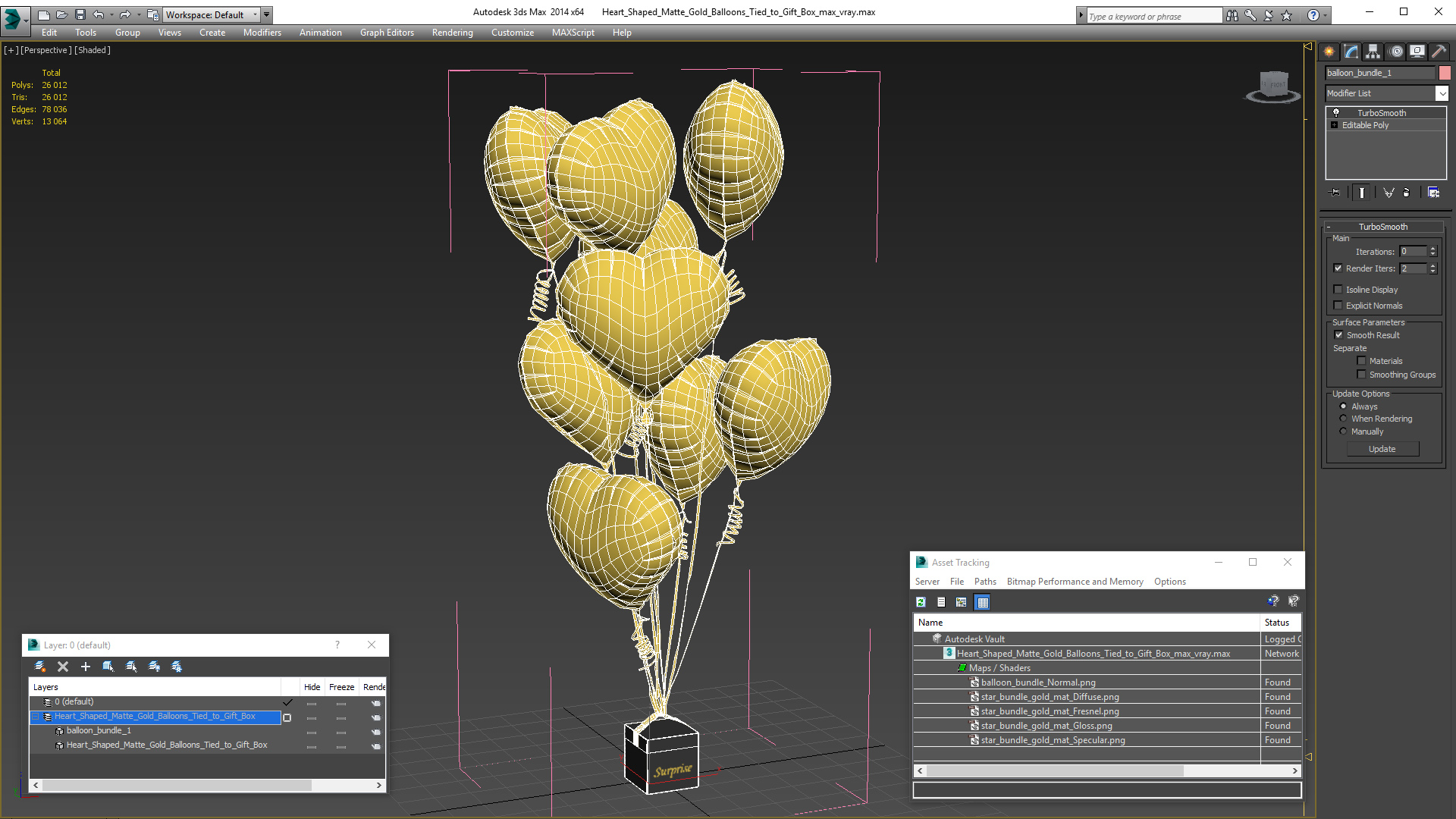 Heart Shaped Matte Gold Balloons Tied to Gift Box 3D model