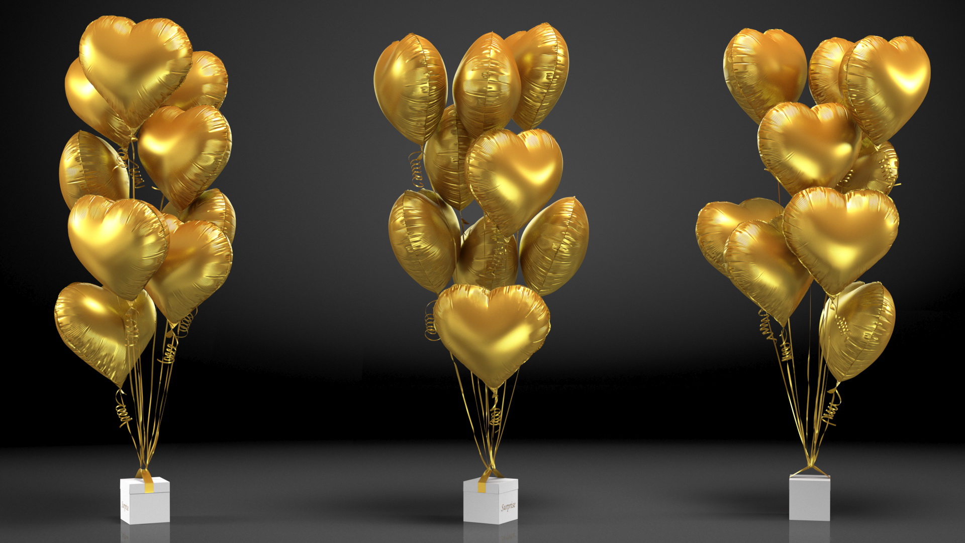 Heart Shaped Matte Gold Balloons Tied to Gift Box 3D model