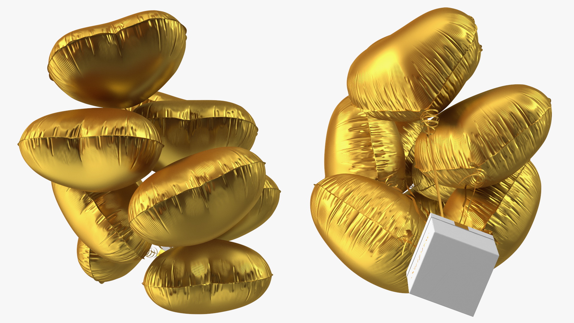 Heart Shaped Matte Gold Balloons Tied to Gift Box 3D model