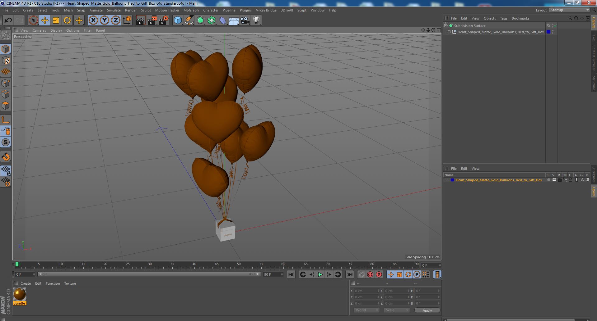 Heart Shaped Matte Gold Balloons Tied to Gift Box 3D model