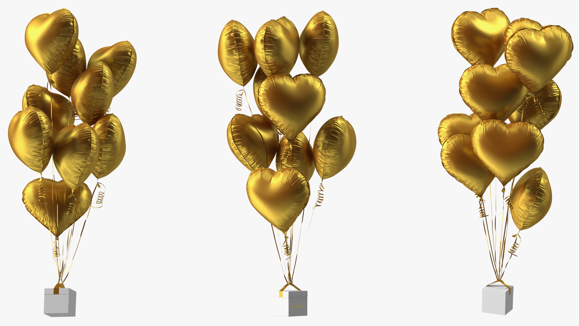 Heart Shaped Matte Gold Balloons Tied to Gift Box 3D model