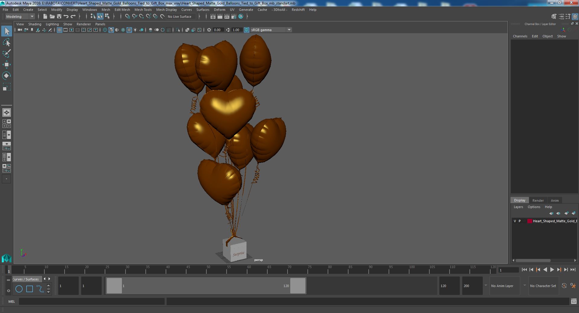 Heart Shaped Matte Gold Balloons Tied to Gift Box 3D model