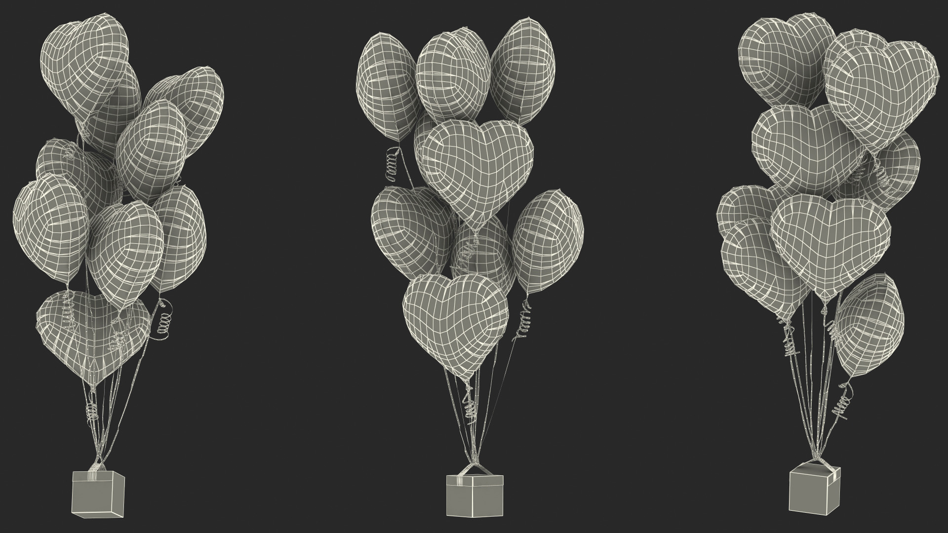 Heart Shaped Matte Gold Balloons Tied to Gift Box 3D model