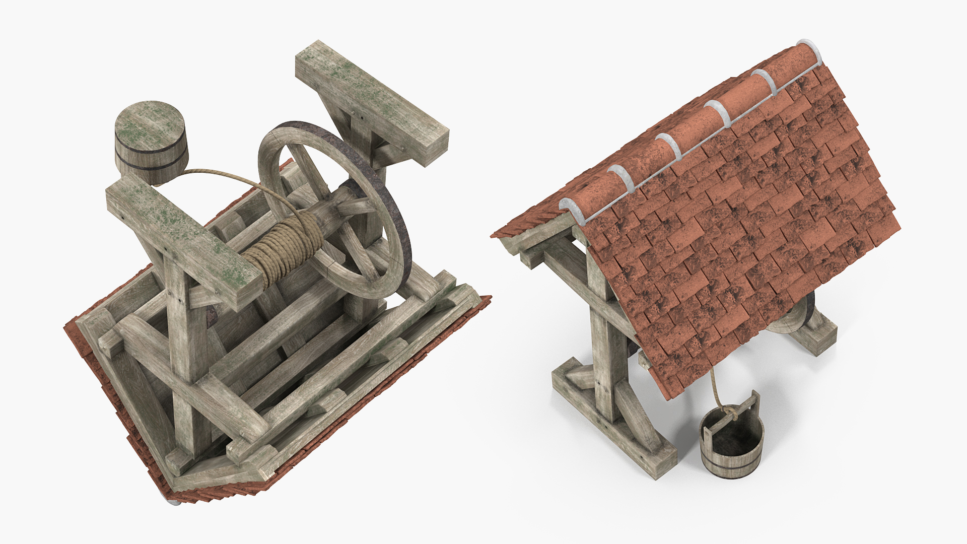 Old Water Well with Pulley and Bucket 3D