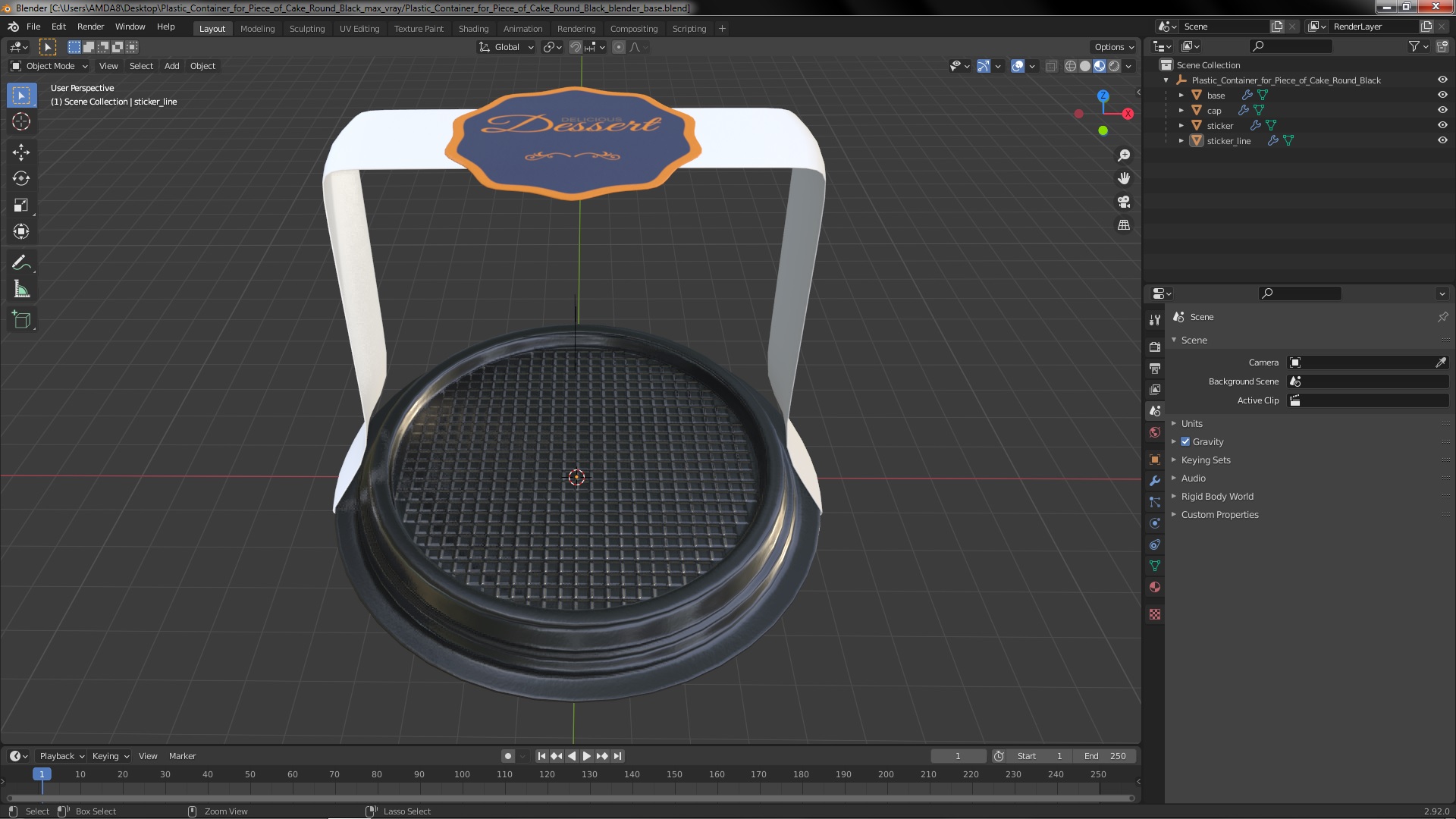 Plastic Container for Piece of Cake Round Black 3D