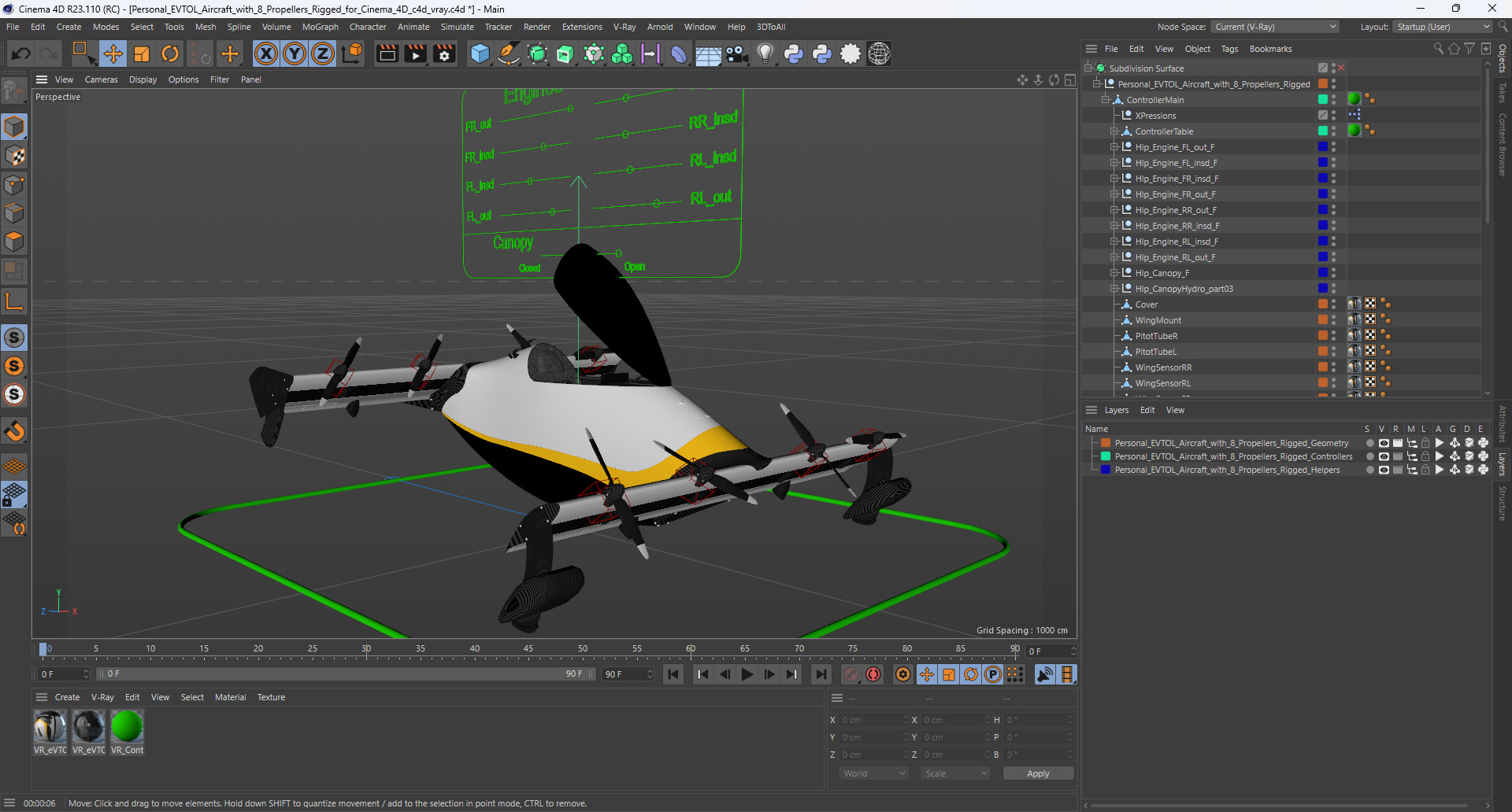 Personal EVTOL Aircraft with 8 Propellers Rigged for Cinema 4D 3D