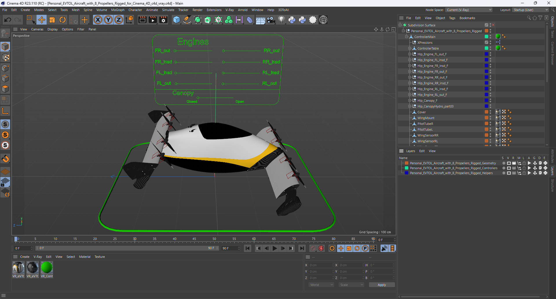 Personal EVTOL Aircraft with 8 Propellers Rigged for Cinema 4D 3D