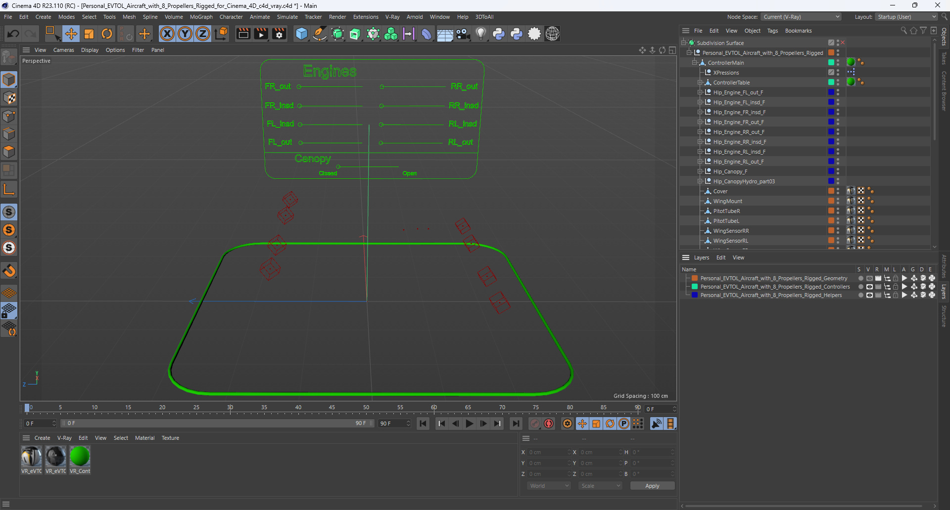 Personal EVTOL Aircraft with 8 Propellers Rigged for Cinema 4D 3D