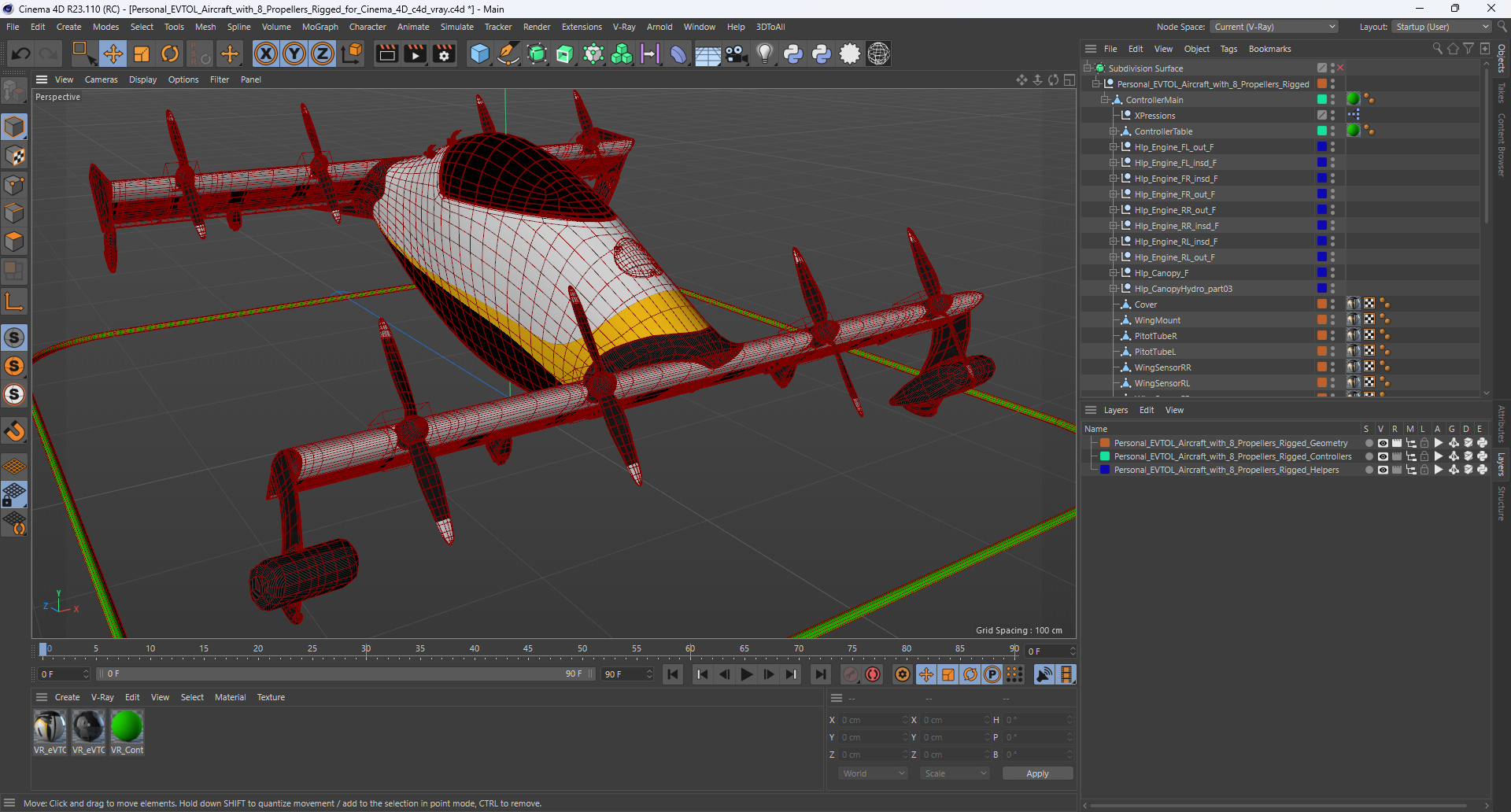 Personal EVTOL Aircraft with 8 Propellers Rigged for Cinema 4D 3D