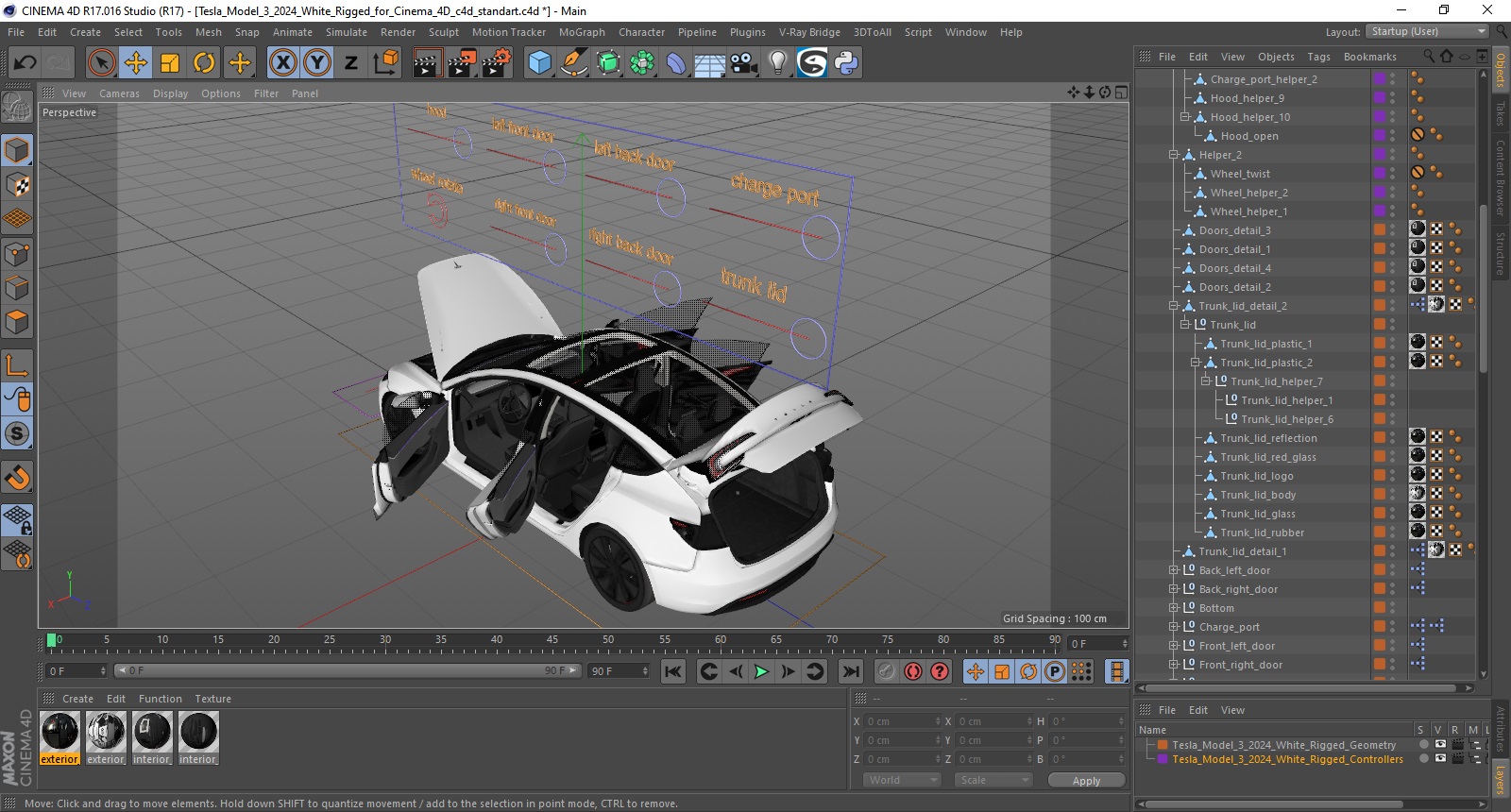 3D model Tesla Model 3 2024 White Rigged for Cinema 4D