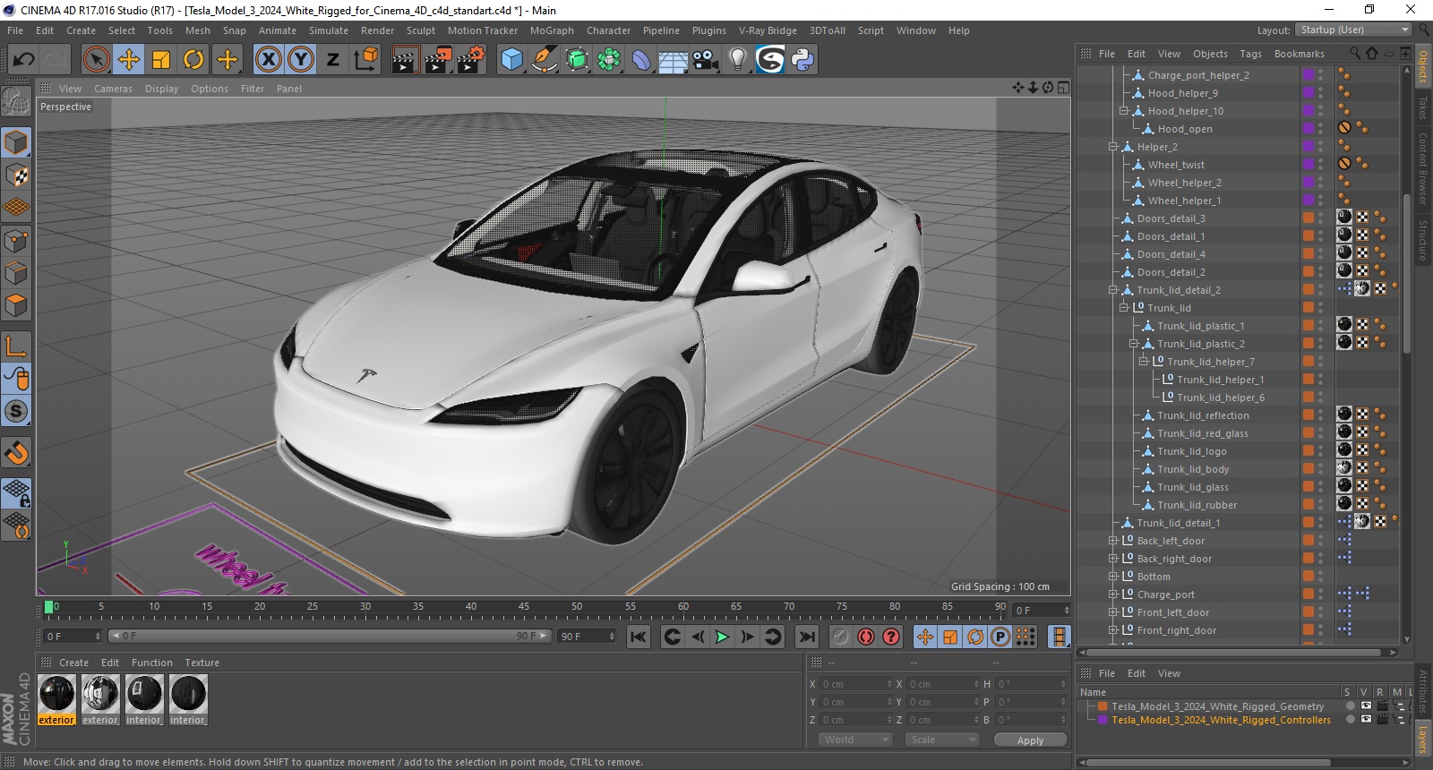 3D model Tesla Model 3 2024 White Rigged for Cinema 4D