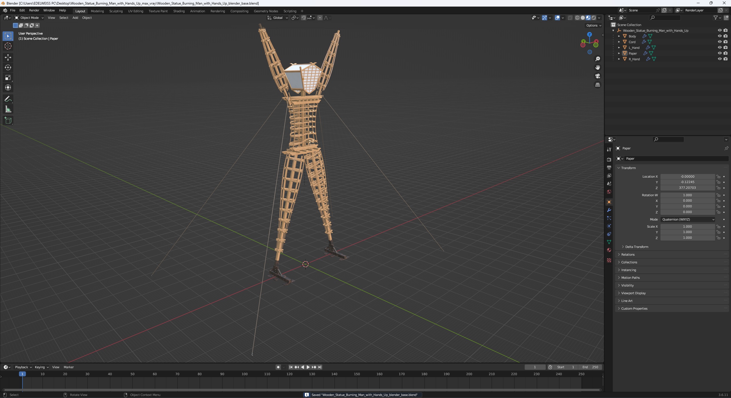 Wooden Statue Burning Man with Hands Up 3D model