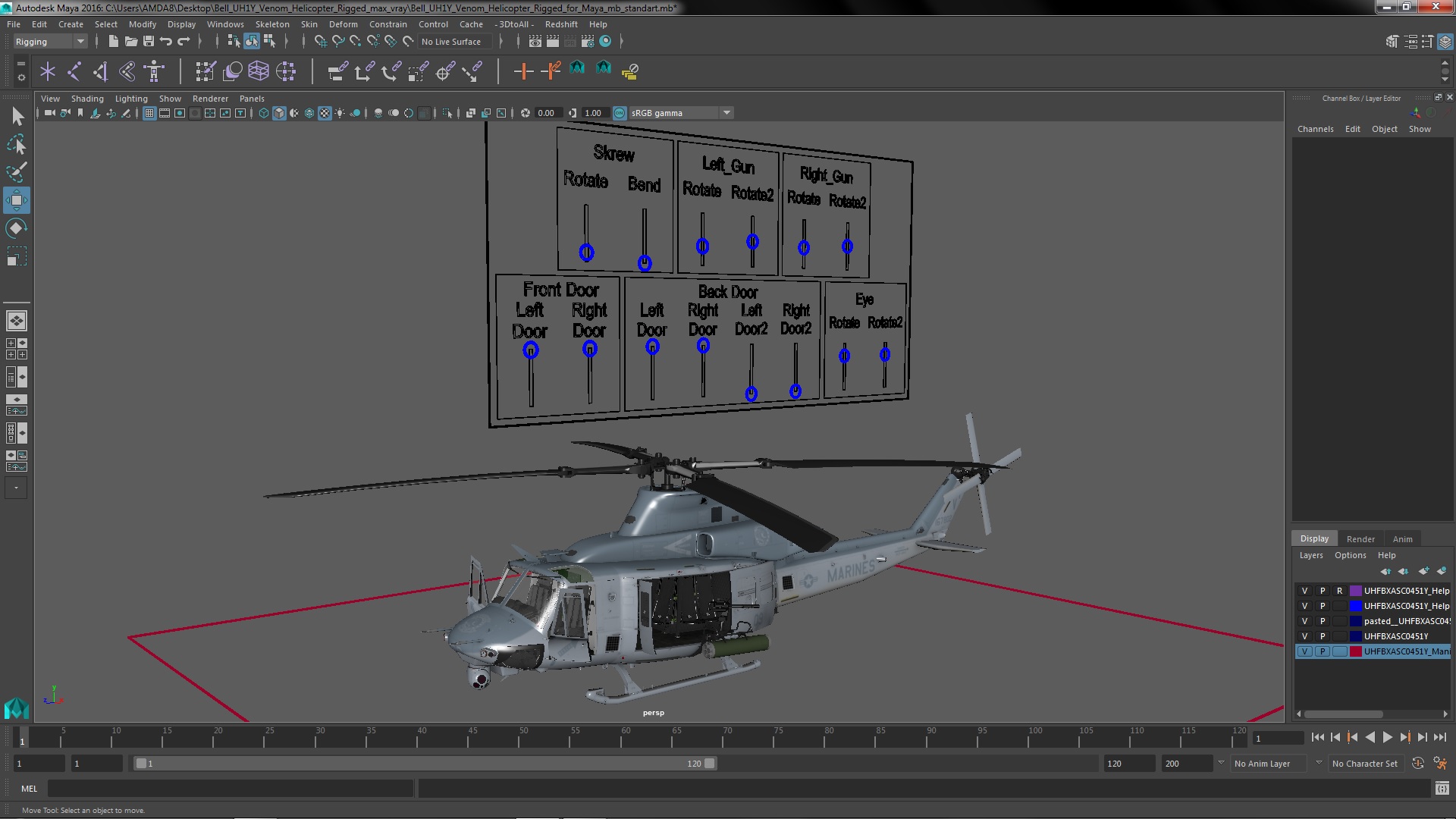 Bell UH1Y Venom Helicopter Rigged for Maya 3D