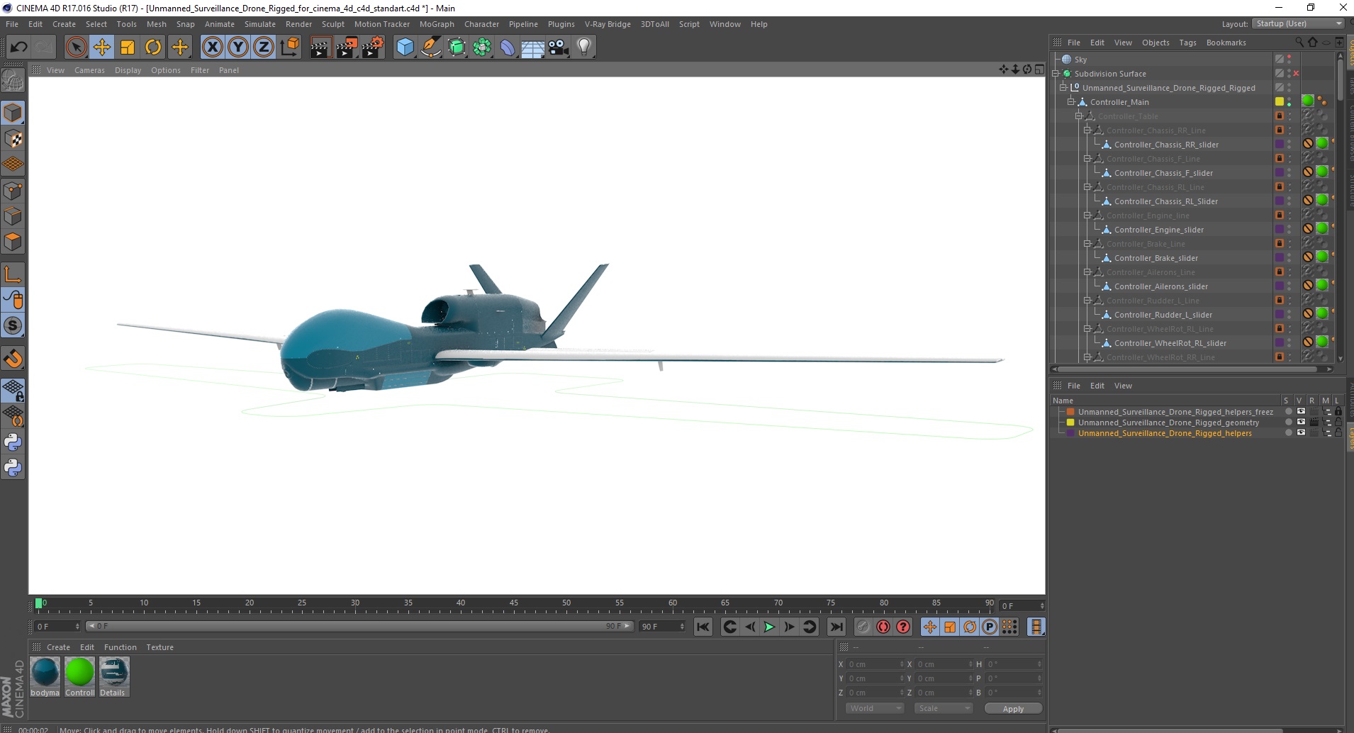 3D Unmanned Surveillance Drone Rigged for Cinema 4D model