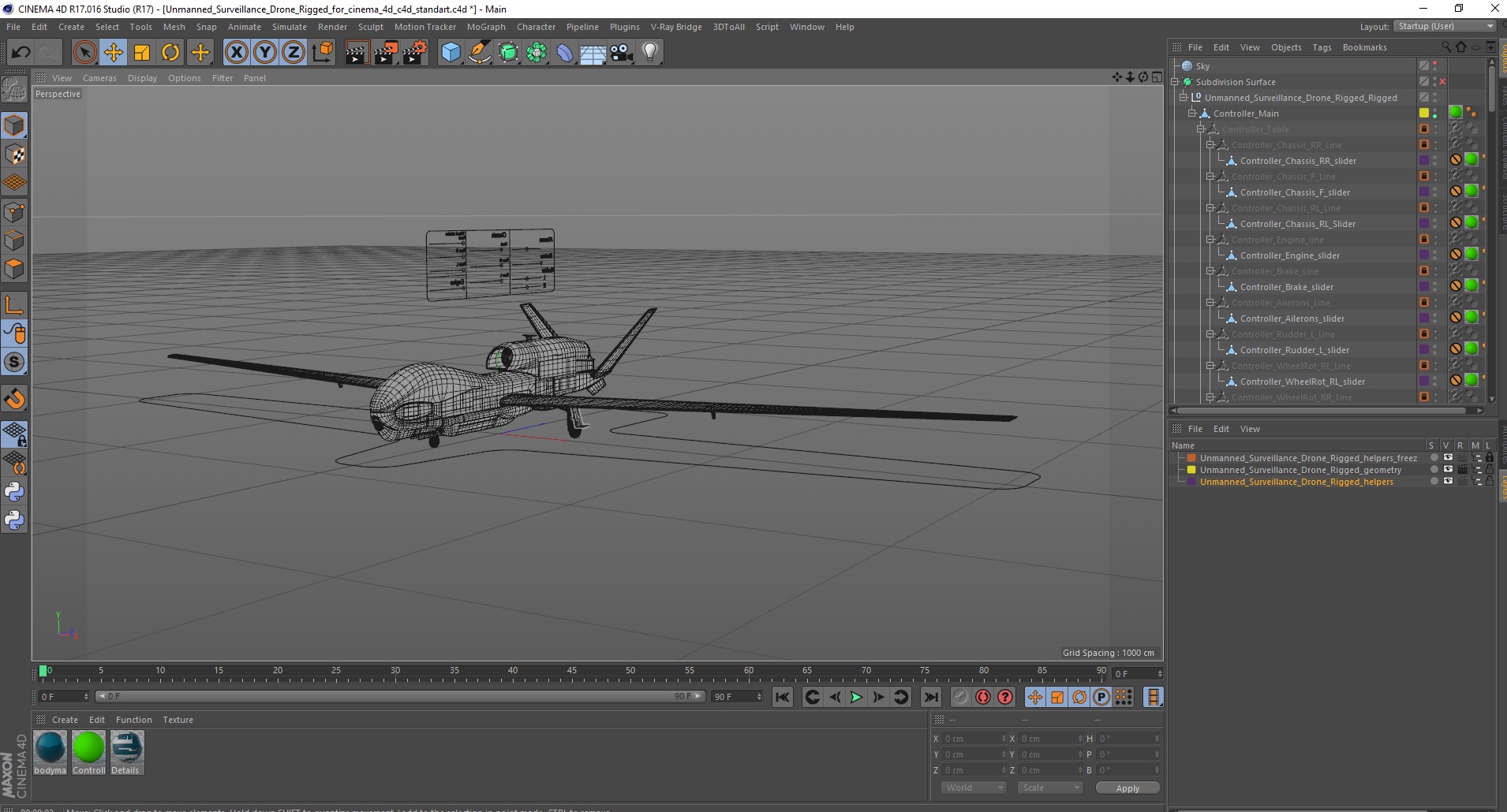 3D Unmanned Surveillance Drone Rigged for Cinema 4D model