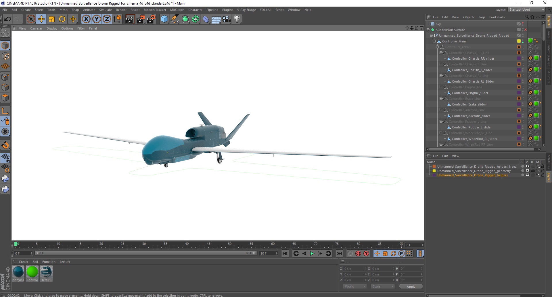 3D Unmanned Surveillance Drone Rigged for Cinema 4D model