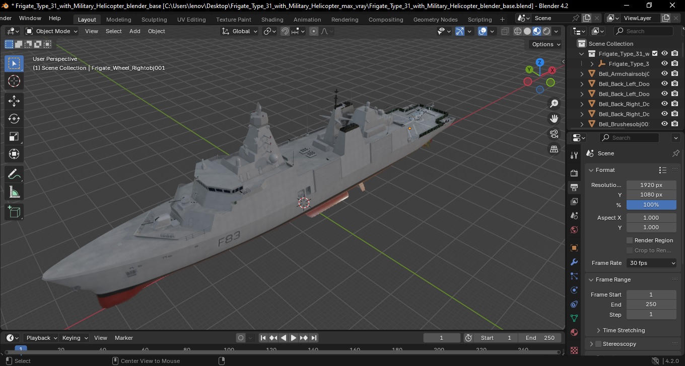 3D model Frigate Type 31 with Military Helicopter