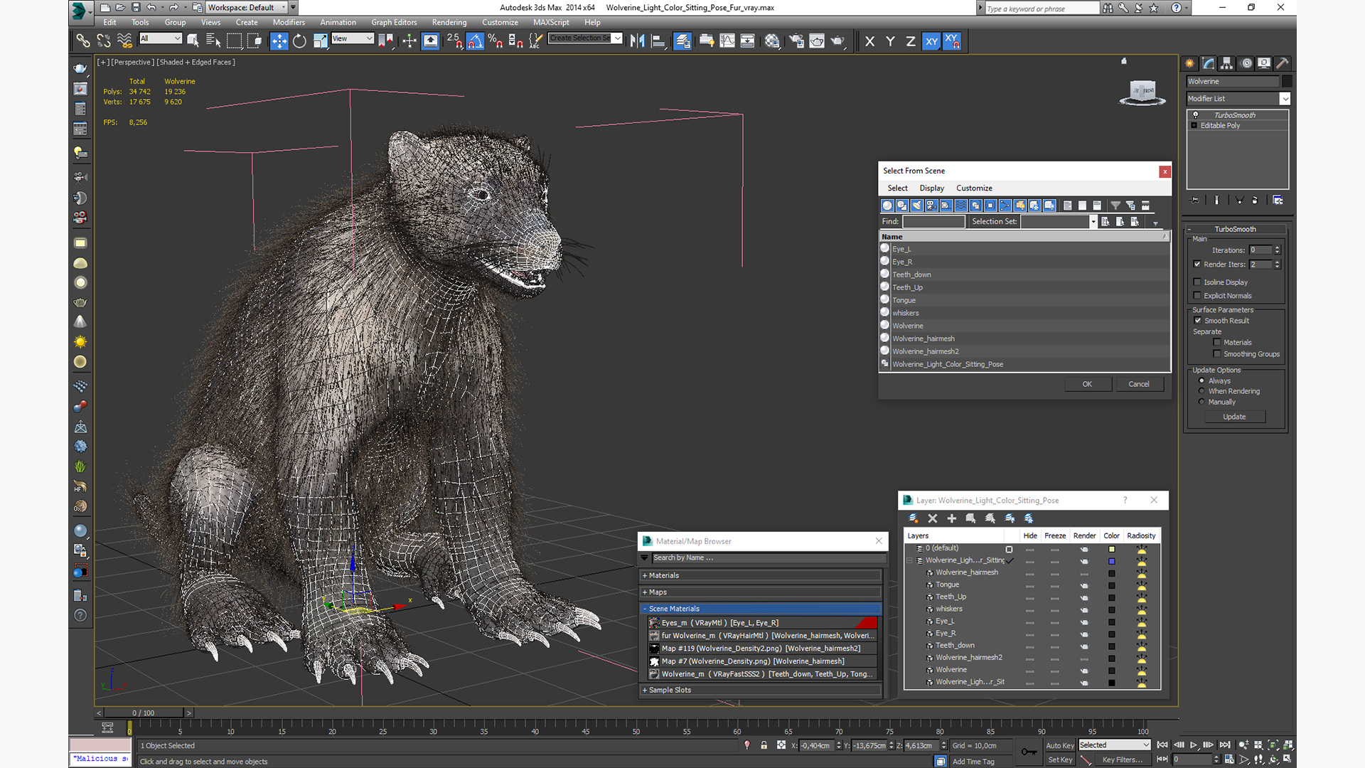 3D Wolverine Light Color Sitting Pose Fur model