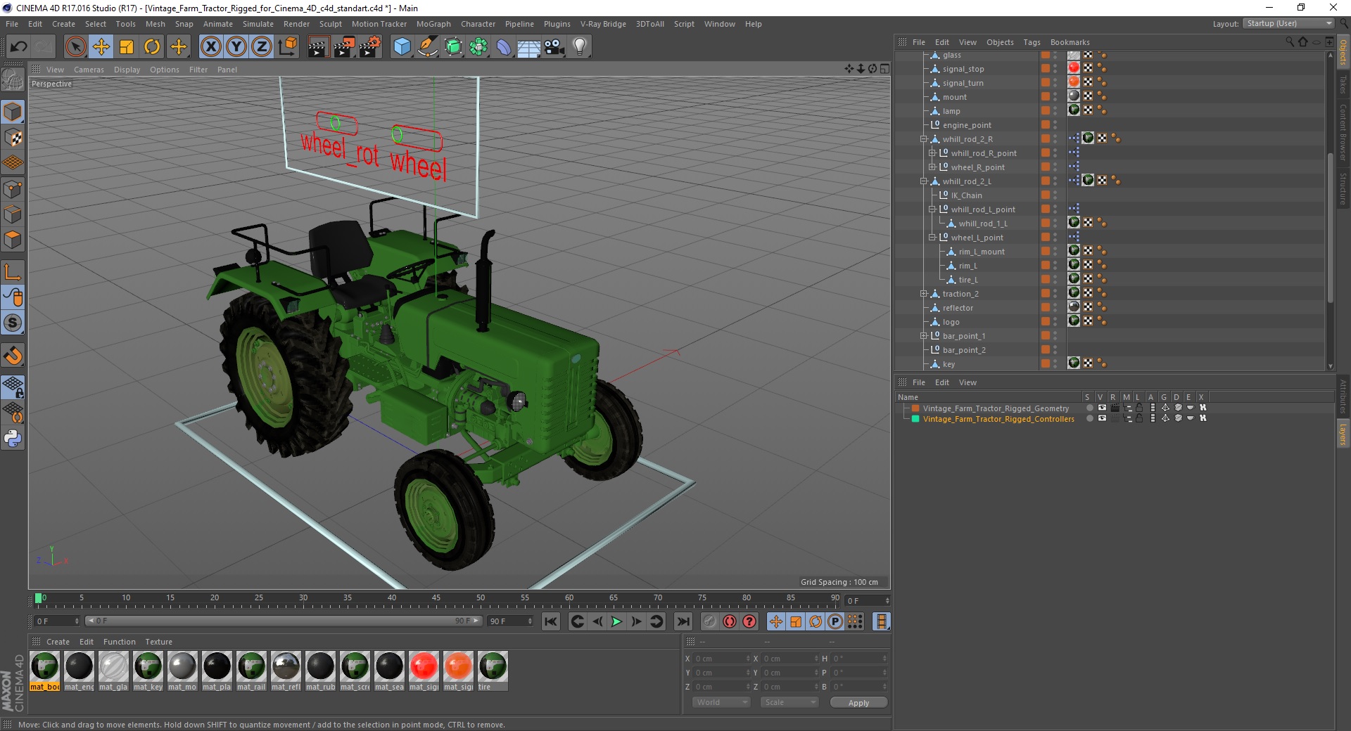 3D Vintage Farm Tractor Rigged for Cinema 4D