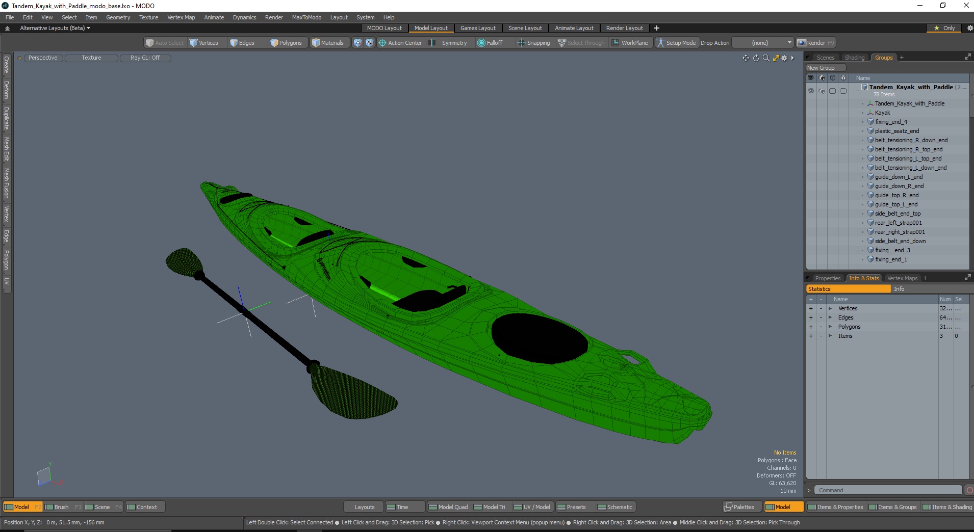 Tandem Kayak with Paddle 3D model
