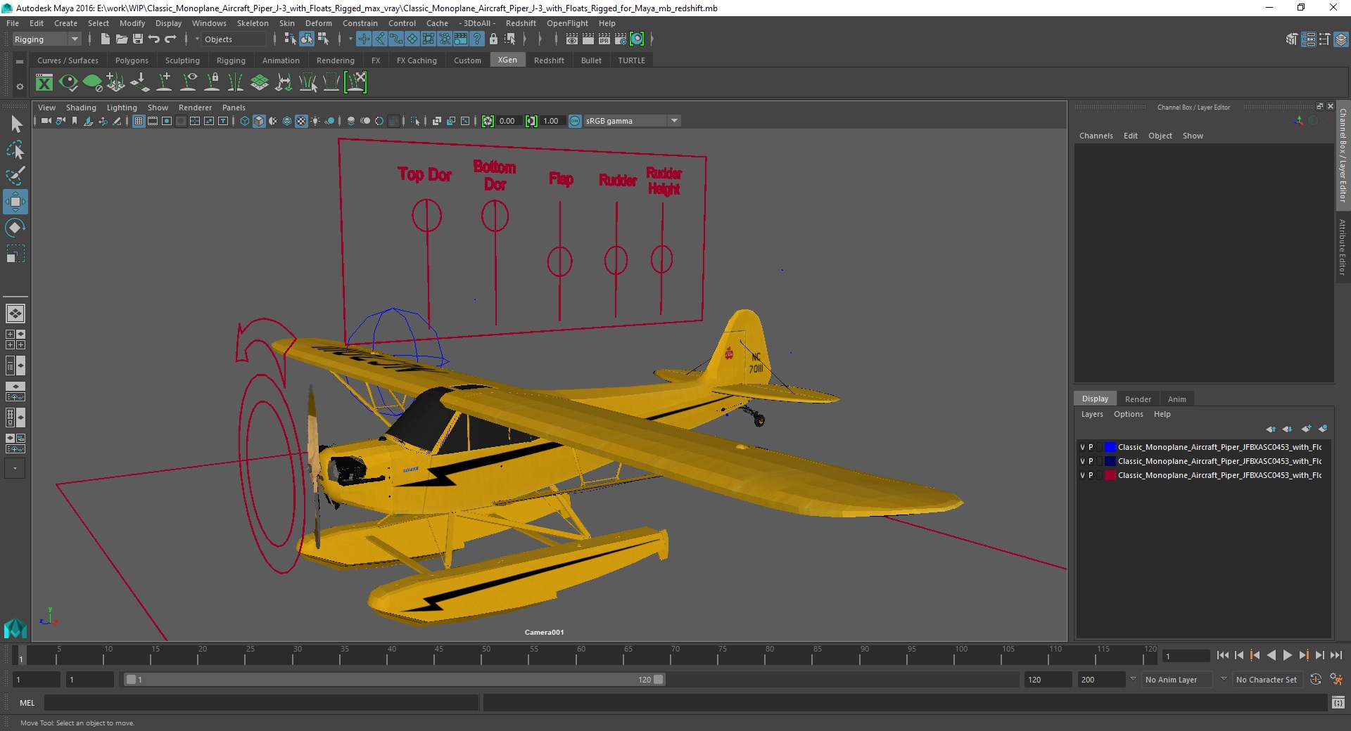 Classic Monoplane Aircraft Piper J-3 with Floats Rigged for Maya 3D model