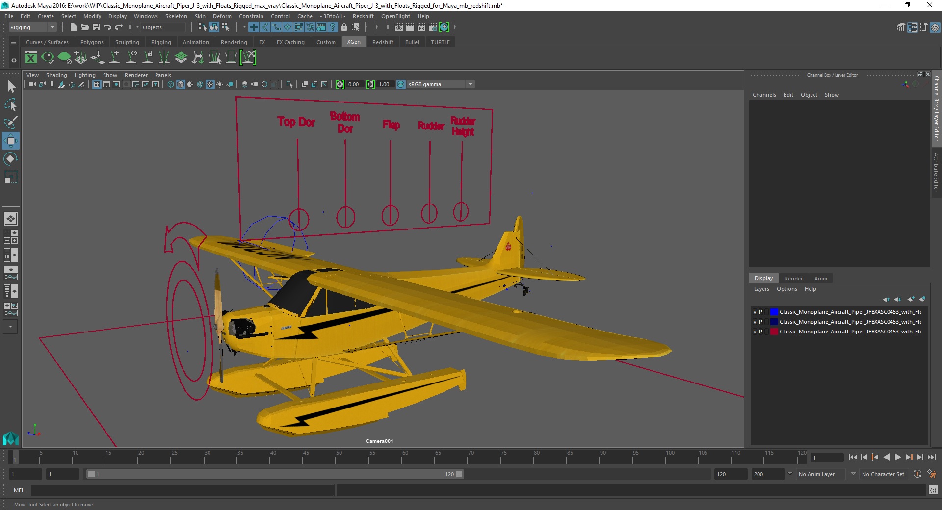 Classic Monoplane Aircraft Piper J-3 with Floats Rigged for Maya 3D model