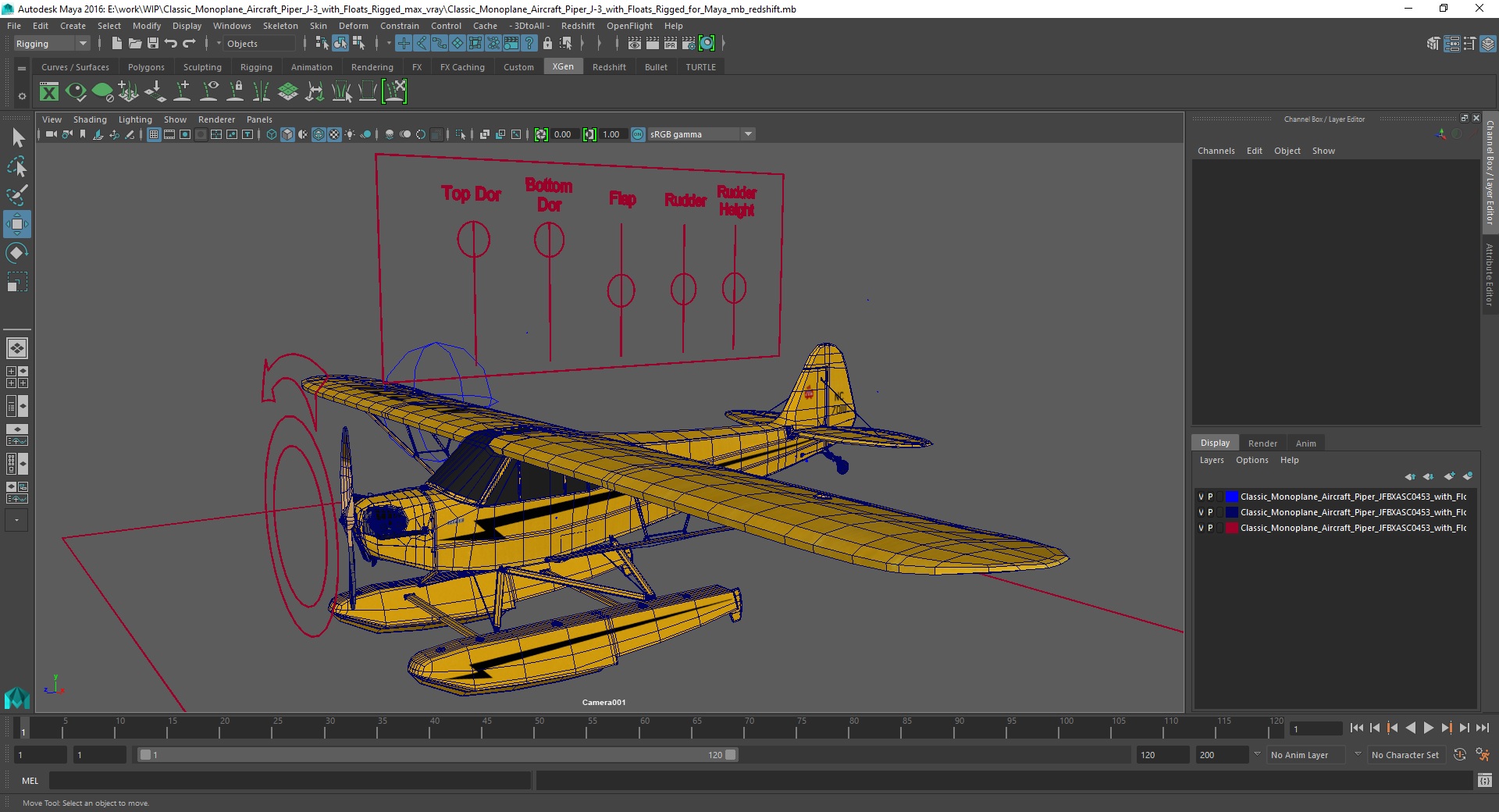 Classic Monoplane Aircraft Piper J-3 with Floats Rigged for Maya 3D model