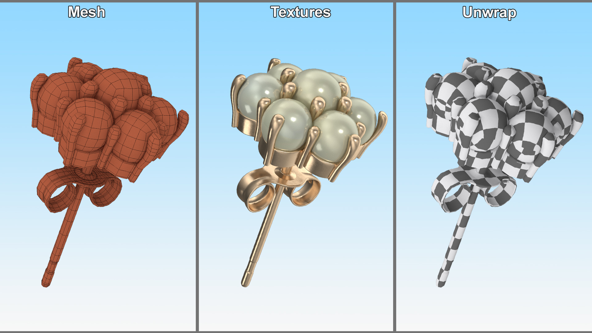 Gold Earring with Pearls 3D model