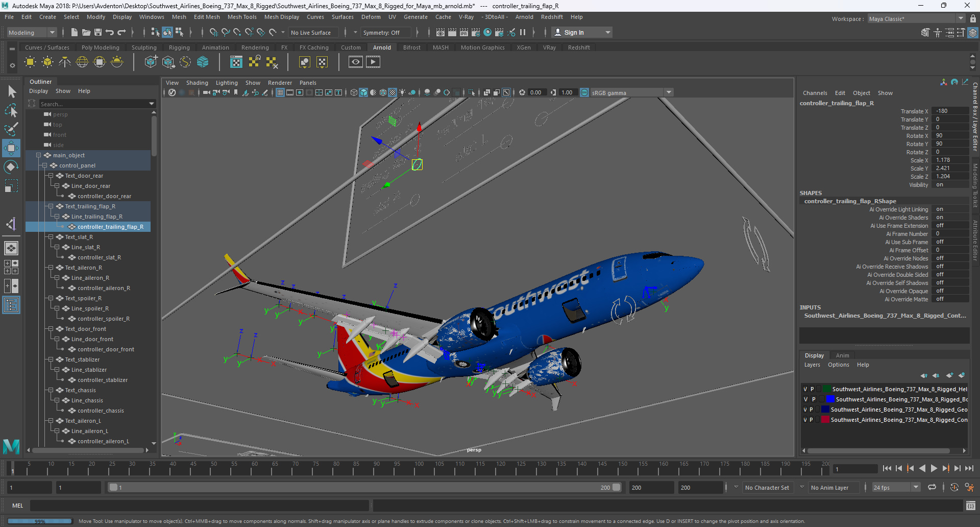 3D Southwest Airlines Boeing 737 Max 8 Rigged for Maya