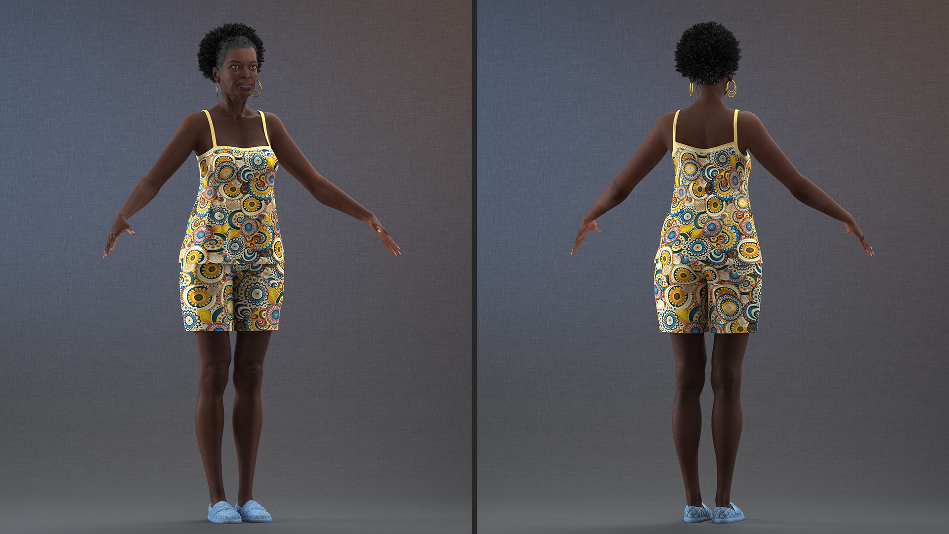 Black Elderly Woman in Pajamas A-Pose 3D