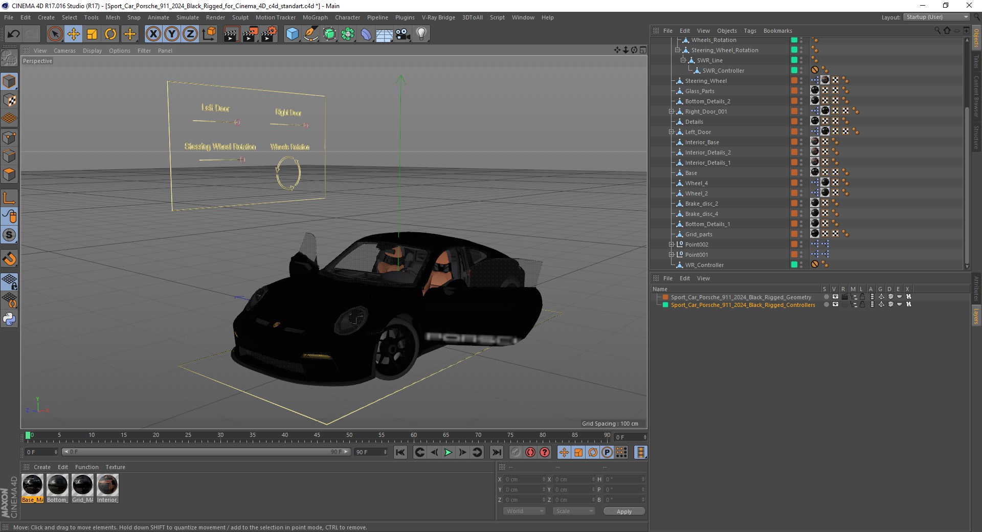 3D Sport Car Porsche 911 2024 Black Rigged for Cinema 4D model