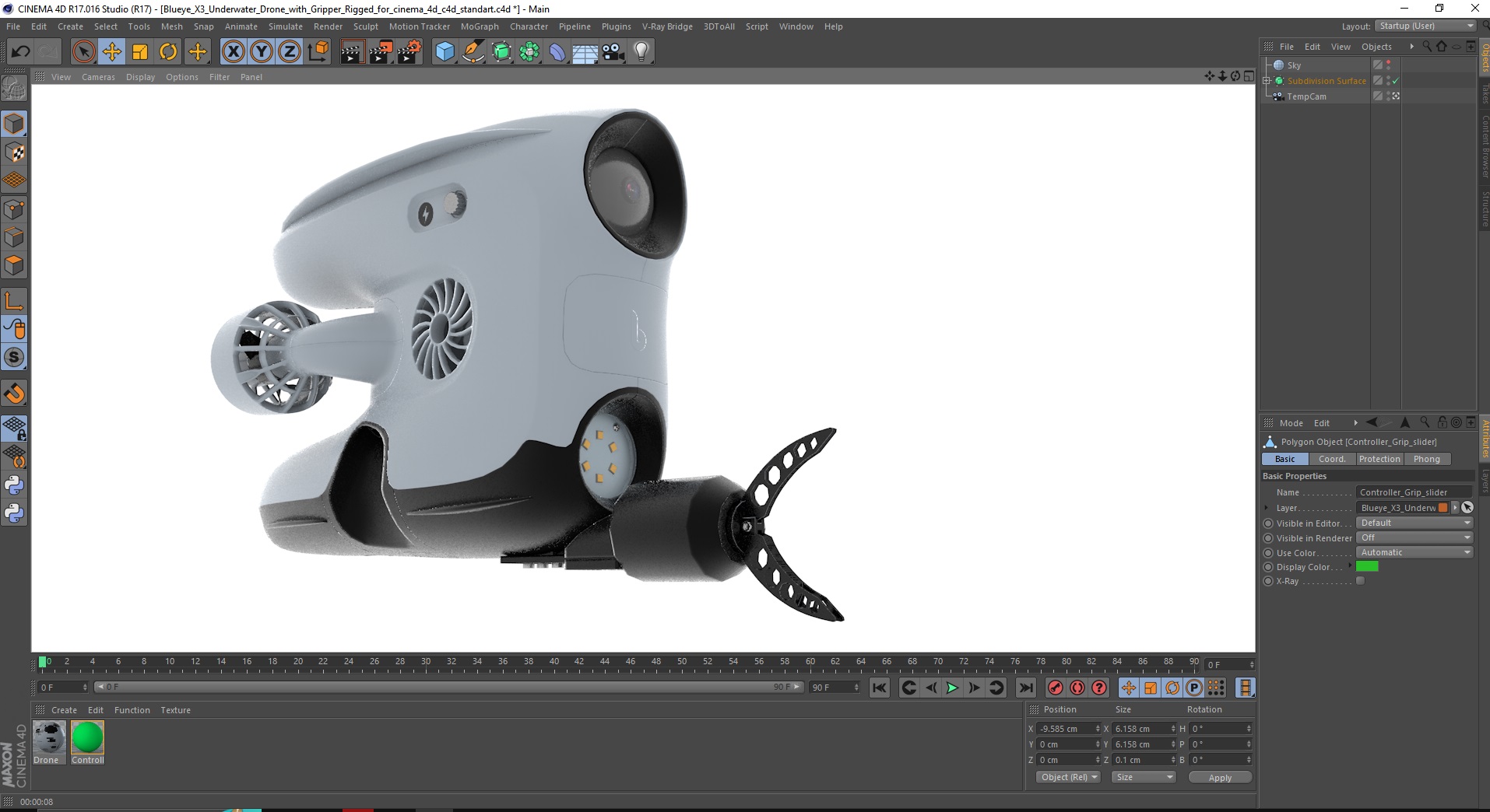 3D model Blueye X3 Underwater Drone with Gripper Rigged for Cinema 4D
