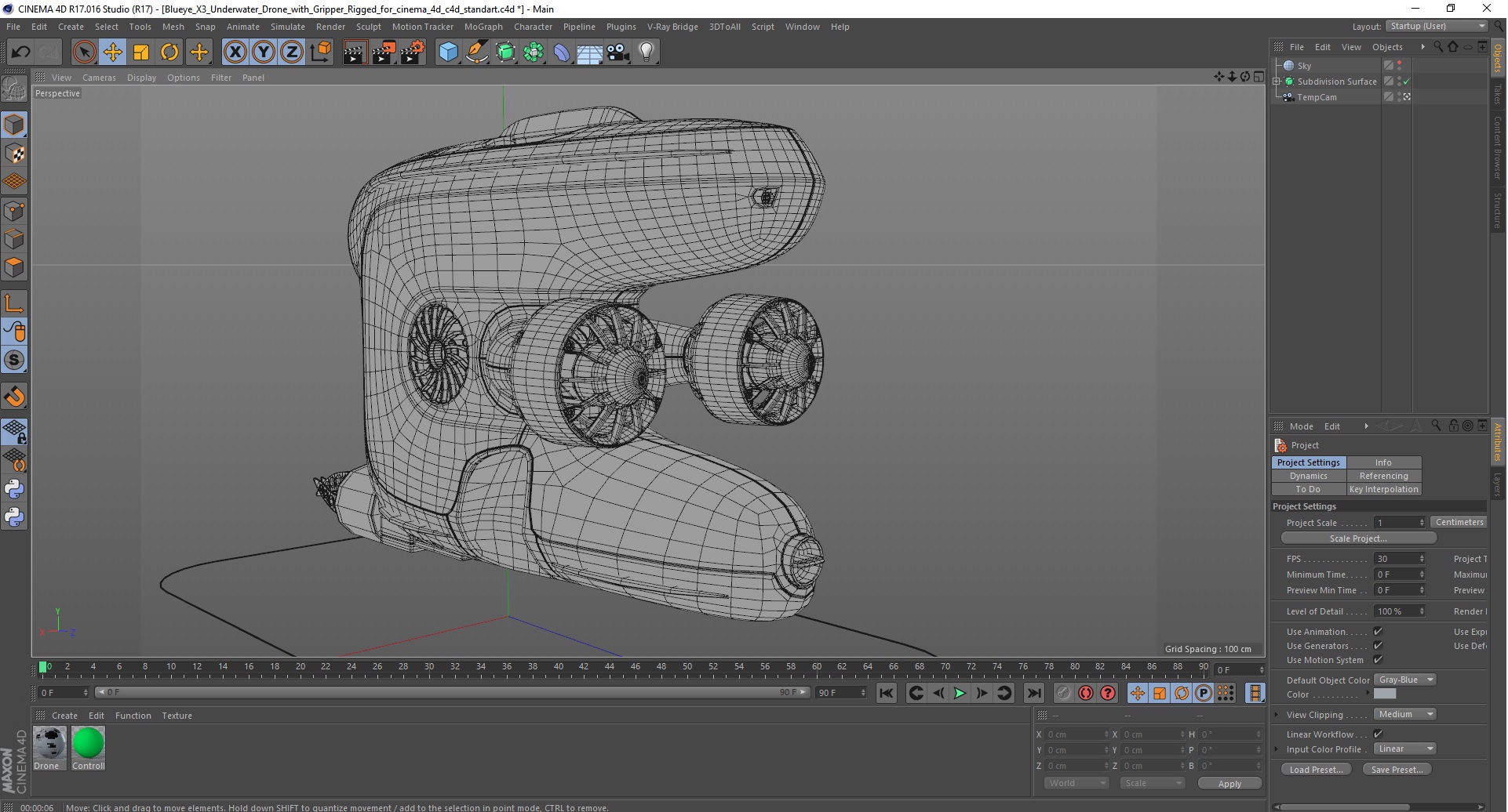 3D model Blueye X3 Underwater Drone with Gripper Rigged for Cinema 4D